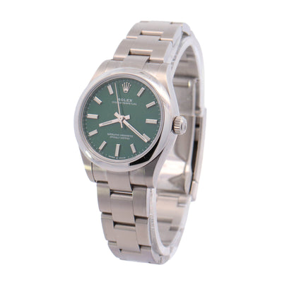 Rolex Oyster Perpetual Stainless Steel 31mm Green Stick Dial Watch Ref# 277200 - Happy Jewelers Fine Jewelry Lifetime Warranty