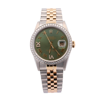 Rolex Datejust Two Tone Yellow Gold & Steel 36mm Green Roman Diamond #6 & #9 Dial Watch Ref# 16233 - Happy Jewelers Fine Jewelry Lifetime Warranty