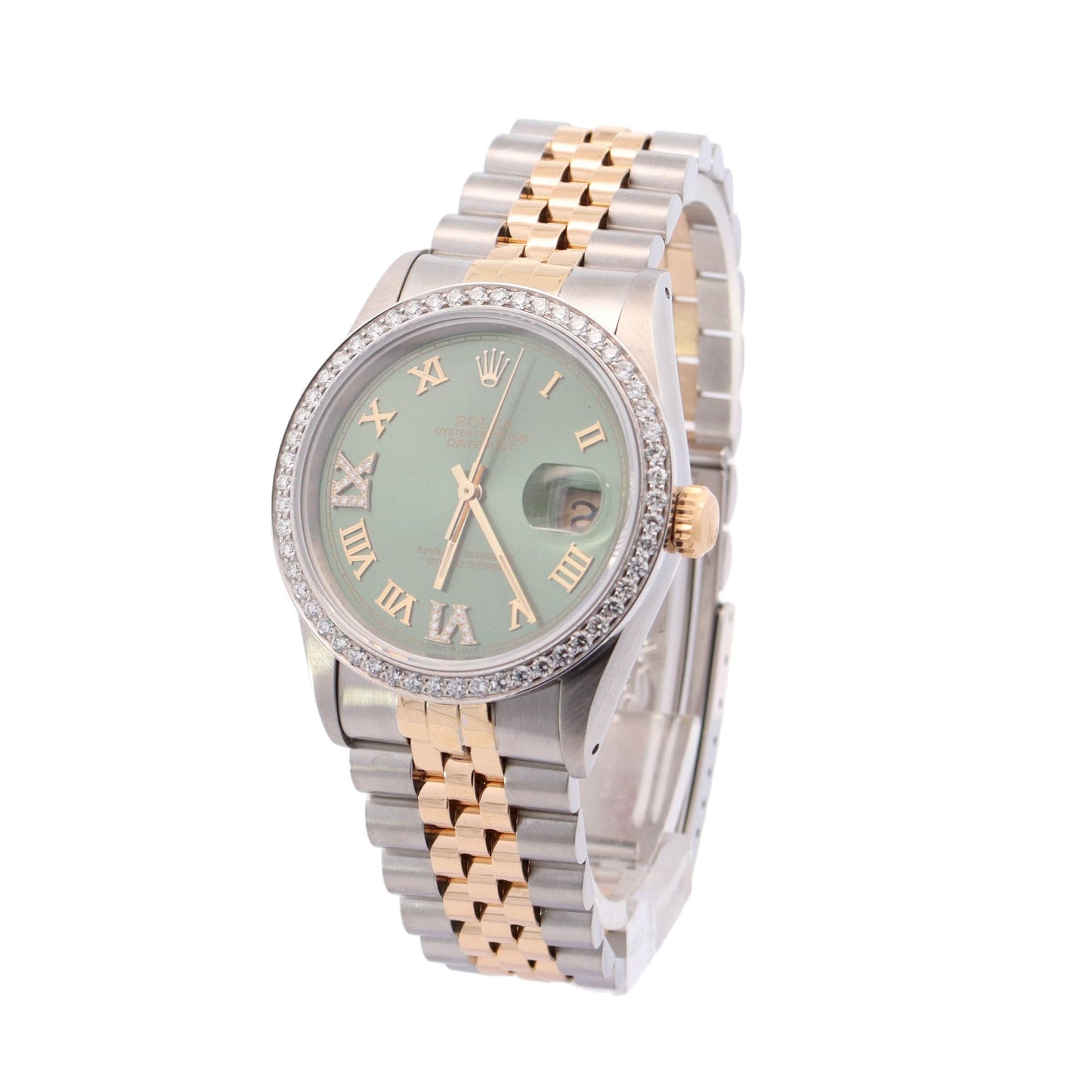 Rolex Datejust Two Tone Yellow Gold & Steel 36mm Green Roman Diamond #6 & #9 Dial Watch Ref# 16233 - Happy Jewelers Fine Jewelry Lifetime Warranty