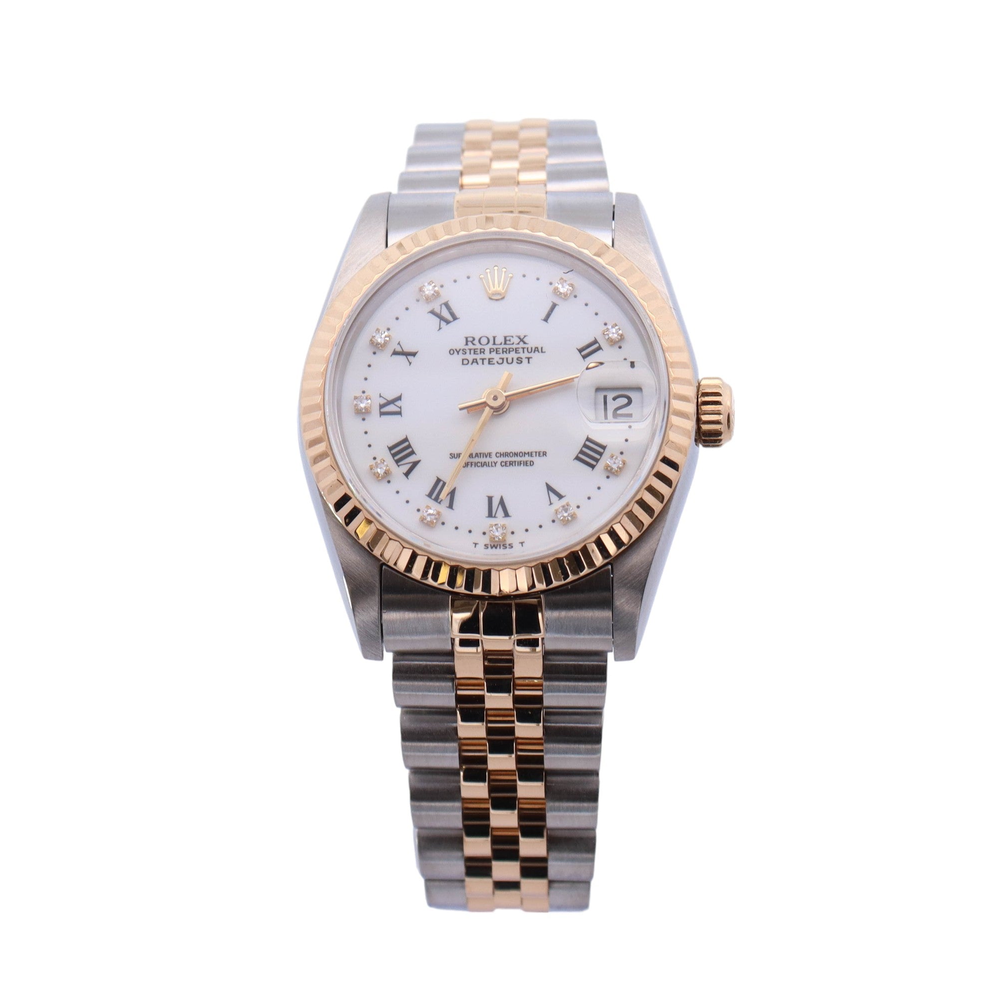Rolex Datejust Two Tone Yellow Gold & Steel 31mm White Roman & Diamond Dial Watch Ref# 68273 - Happy Jewelers Fine Jewelry Lifetime Warranty