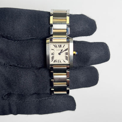 Cartier Tank Two-Tone Yellow Gold & Steel 25x20mm White Dial Watch Ref# W51007Q4 - Happy Jewelers Fine Jewelry Lifetime Warranty