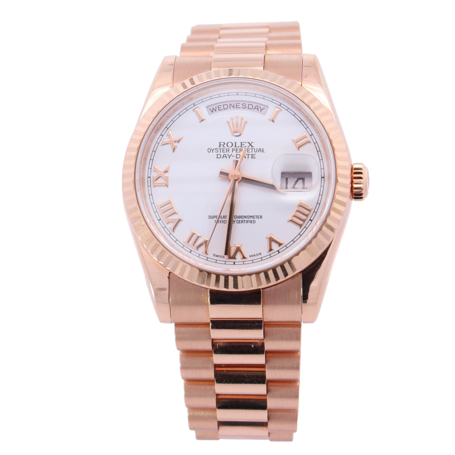 Rolex Day-Date 18K Pink Gold 36mm Pink Champagne Roman Dial Watch Reference #: 118235 - Happy Jewelers Fine Jewelry Lifetime Warranty