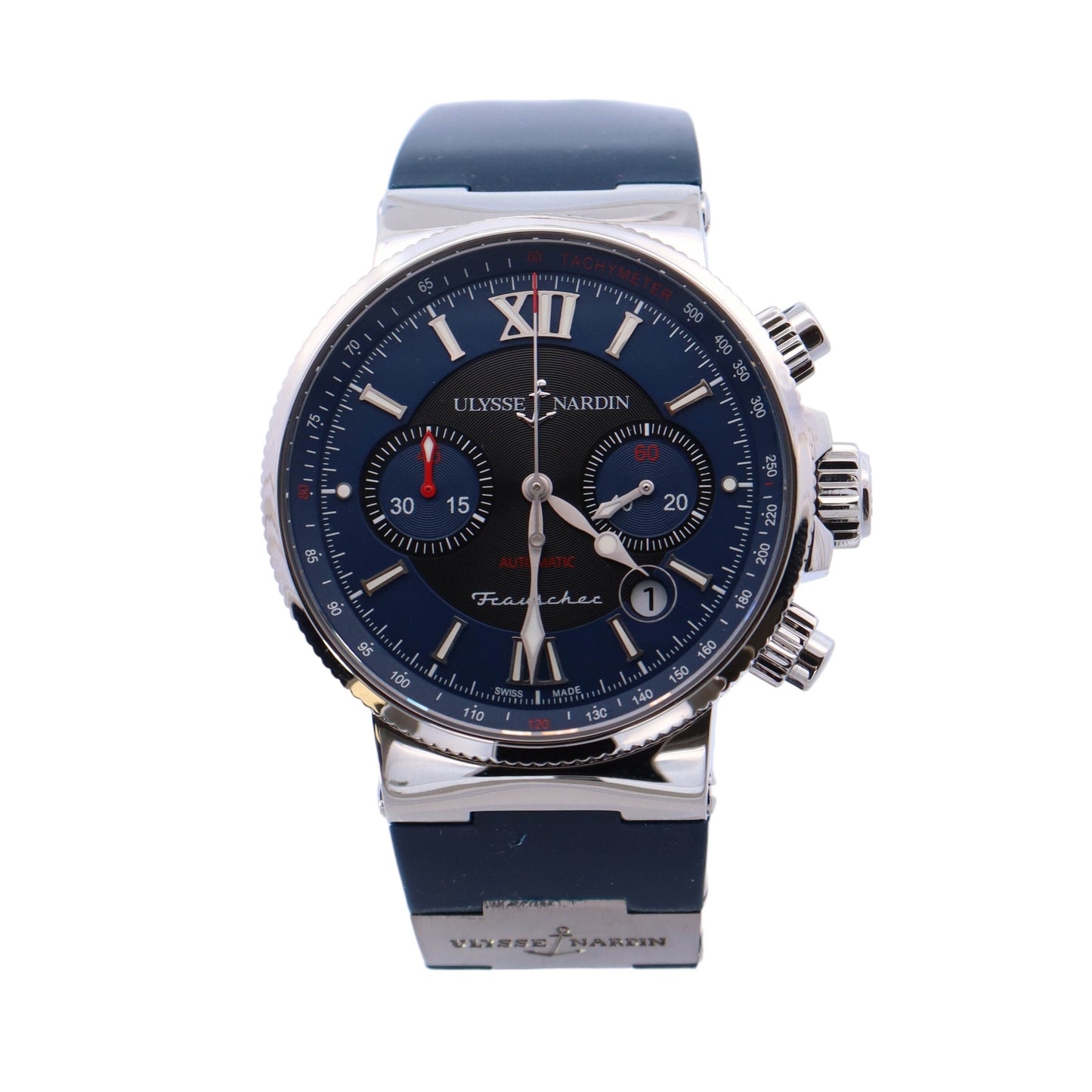 Ulysse Nardin Marine Chronograph Stainless Steel 41mm Blue Chronograph Dial Watch Reference #: 353-66-3/323 - Happy Jewelers Fine Jewelry Lifetime Warranty