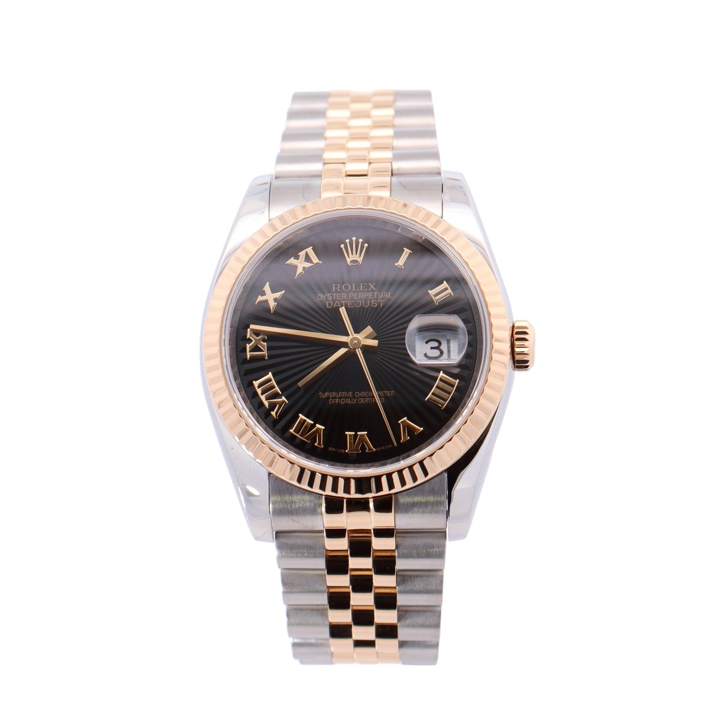 Rolex Datejust Two Tone Yellow Gold & Steel 36mm Black Roman Fluted Dial Watch Reference #: 116233 - Happy Jewelers Fine Jewelry Lifetime Warranty