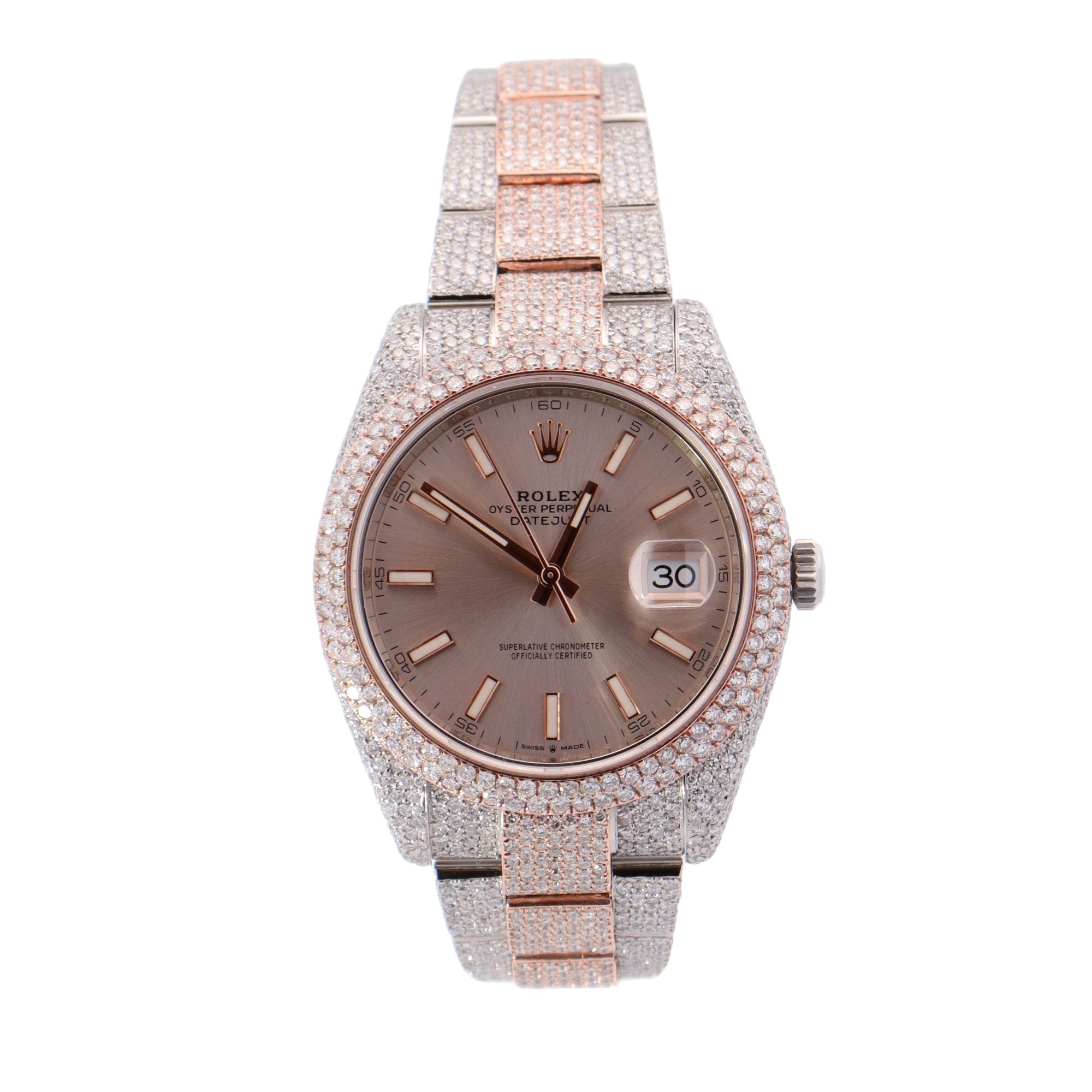Rolex Datejust Two Tone Rose Gold & Steel Completely Iced Out 41mm Sundust Stick Dial Watch Reference #: 126300 - Happy Jewelers Fine Jewelry Lifetime Warranty