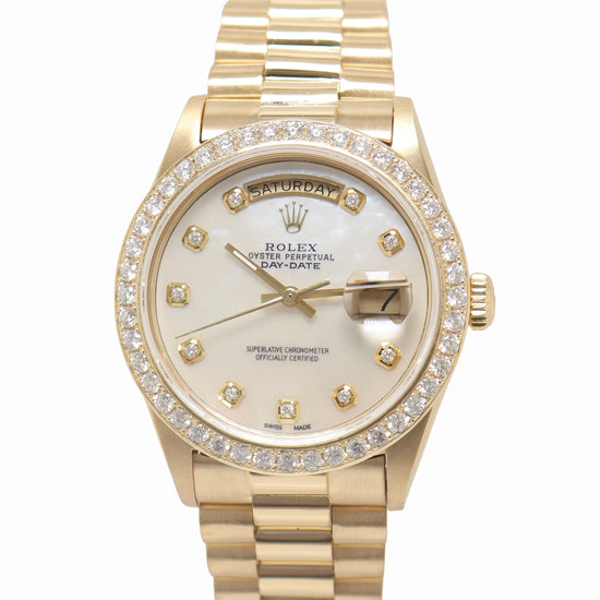 Rolex Day-Date Yellow Gold 36mm Custom White MOP Diamond Dial Watch Reference#: 18038 - Happy Jewelers Fine Jewelry Lifetime Warranty