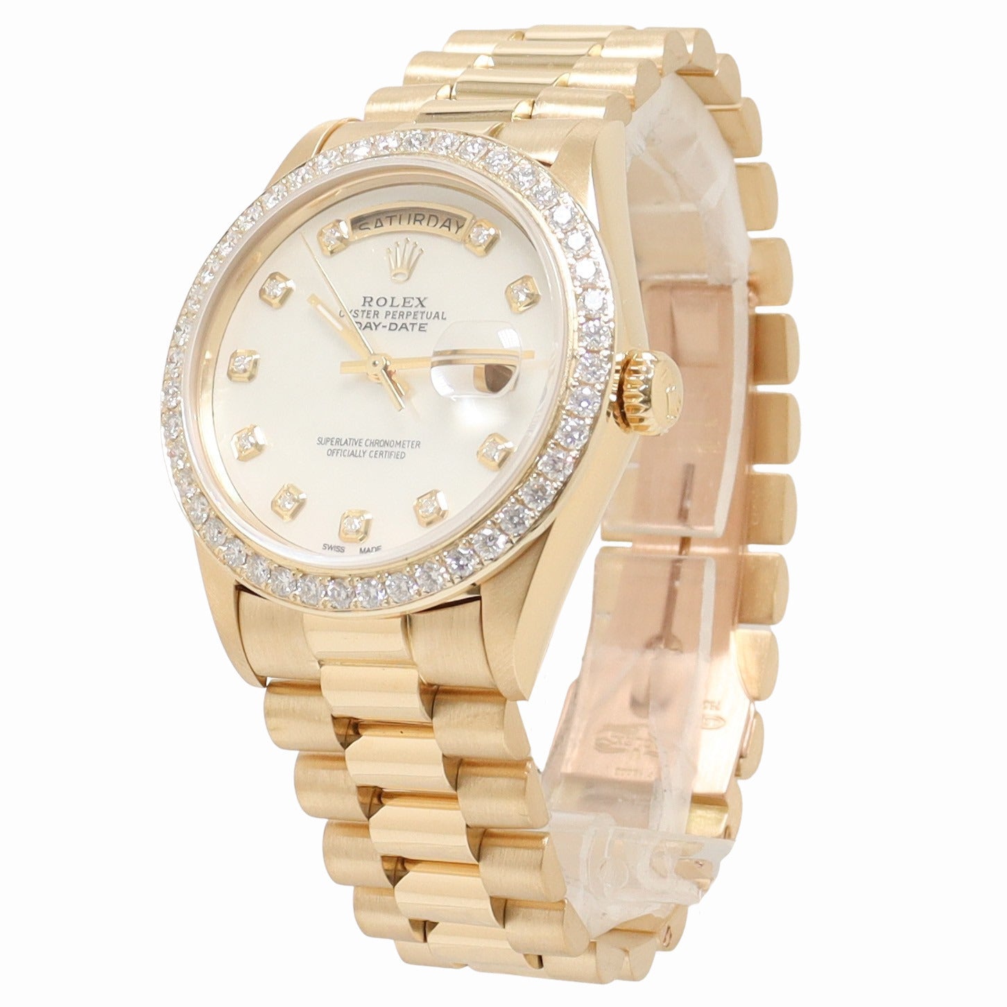 Rolex Day Date Yellow Gold 36mm Custom White MOP Diamond Dial Watch Reference#: 1802 - Happy Jewelers Fine Jewelry Lifetime Warranty
