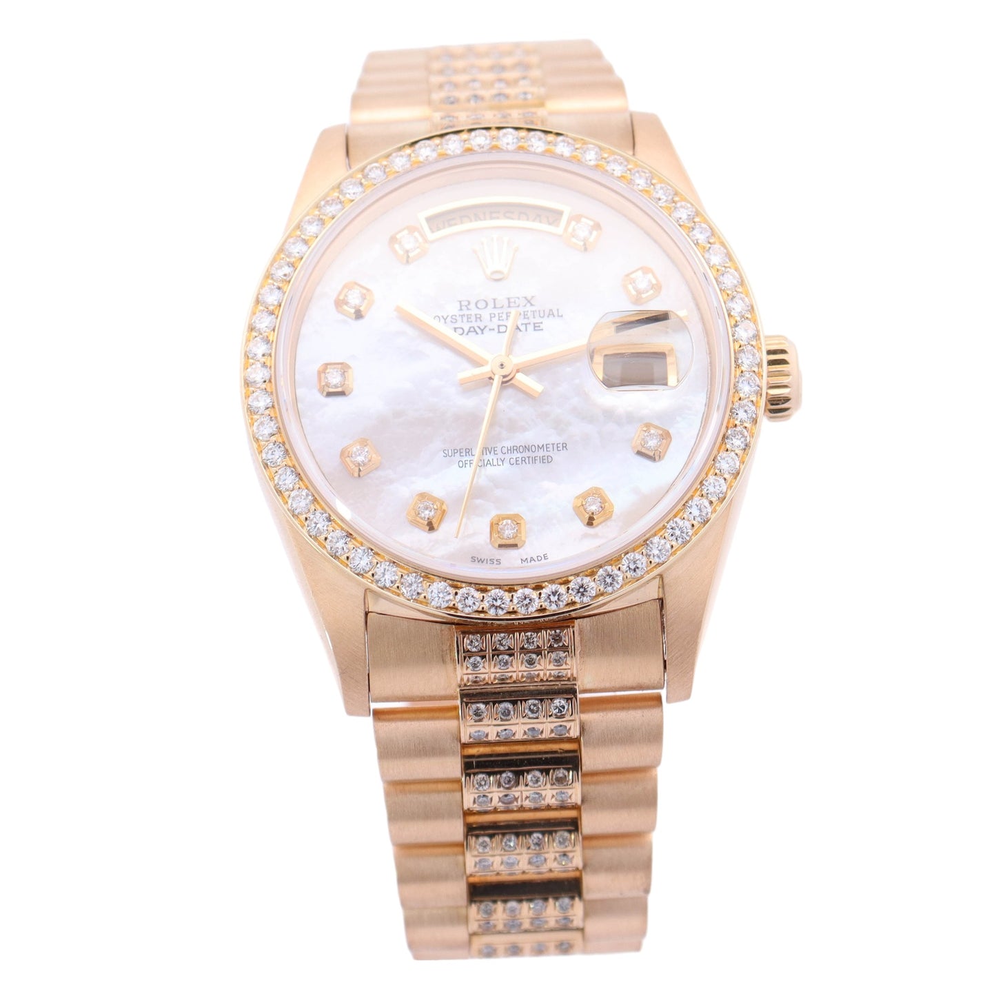 Rolex Day Date 36mm Yellow Gold Custom White MOP Diamond Dial Watch Reference# 18038 - Happy Jewelers Fine Jewelry Lifetime Warranty