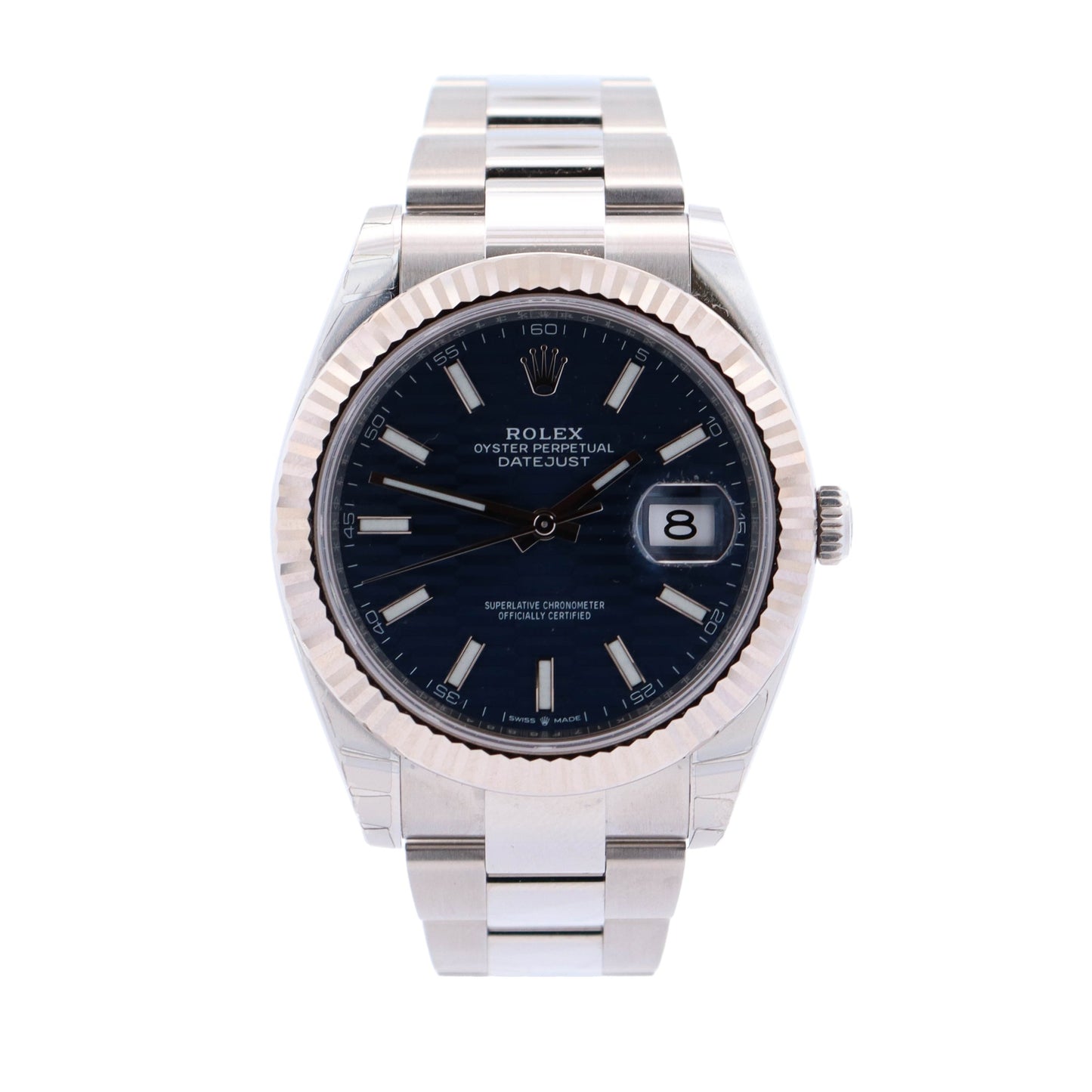 Rolex Datejust Stainless Steel 41mm Blue Stick Motif Dial Watch Reference #: 126334 - Happy Jewelers Fine Jewelry Lifetime Warranty