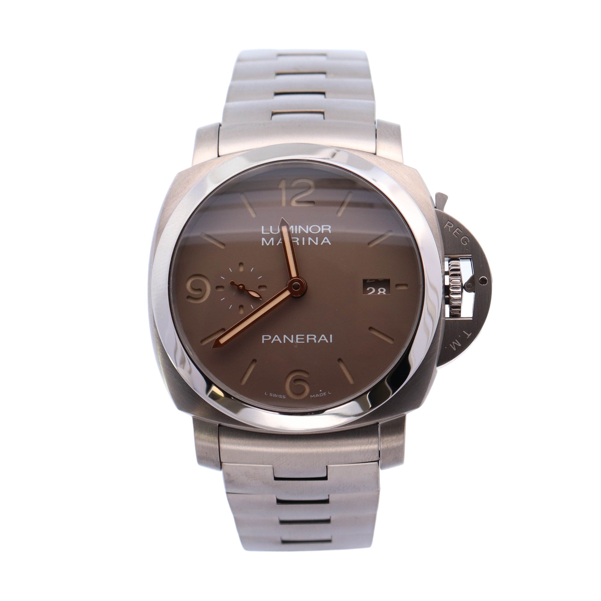 Panerai Luminor Marina Titanium 44mm Brown Stick & Roman Dial Watch Reference #: PAM00734 - Happy Jewelers Fine Jewelry Lifetime Warranty