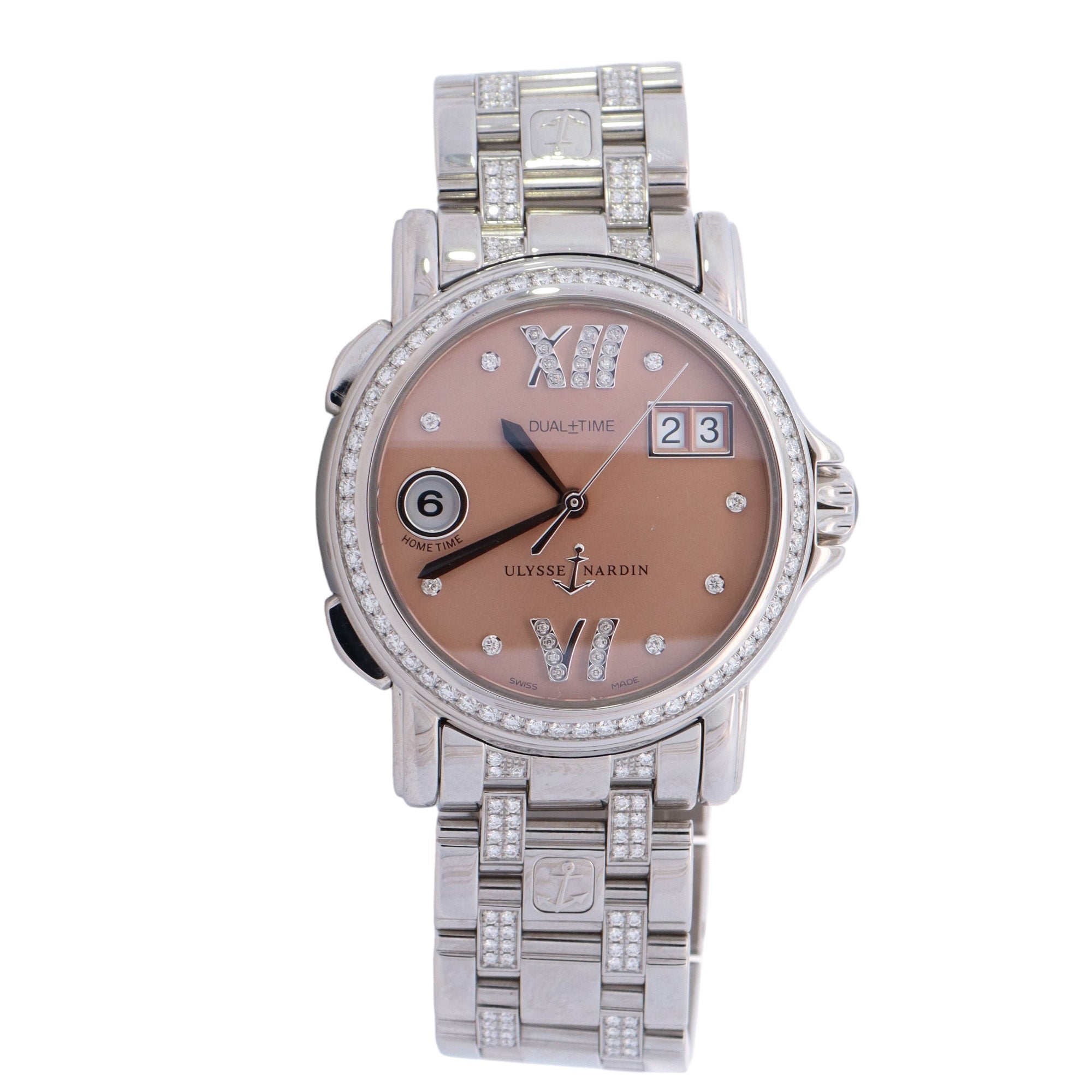 Ulysse Nardin San Marcos GMT Stainless Steel 37mm Salmon Diamond #12 & #6 Dial Watch Ref# 223-22 - Happy Jewelers Fine Jewelry Lifetime Warranty
