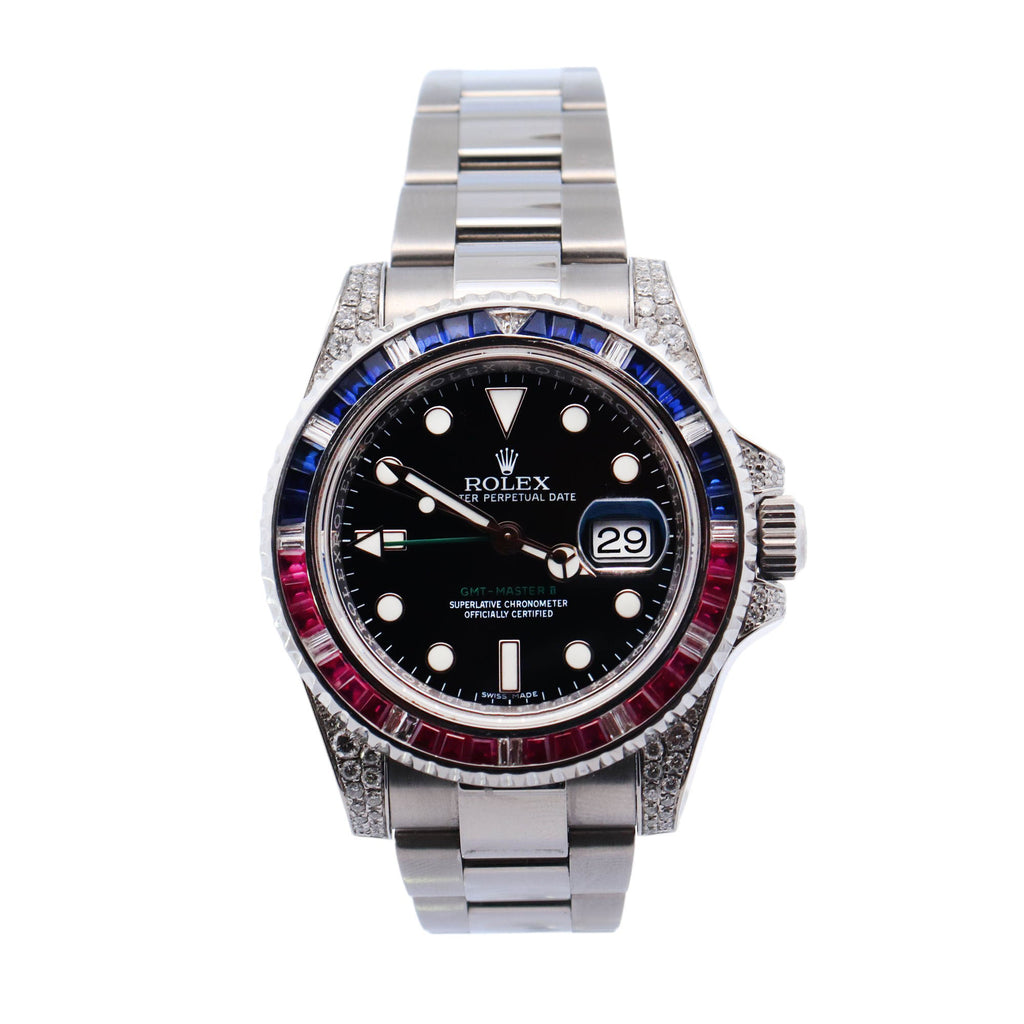Rolex GMT Master II Stainless Steel 40mm Black Dot Dial Watch w/Custom Sapphire/Ruby Bezel   Reference #: 116710LN - Happy Jewelers Fine Jewelry Lifetime Warranty
