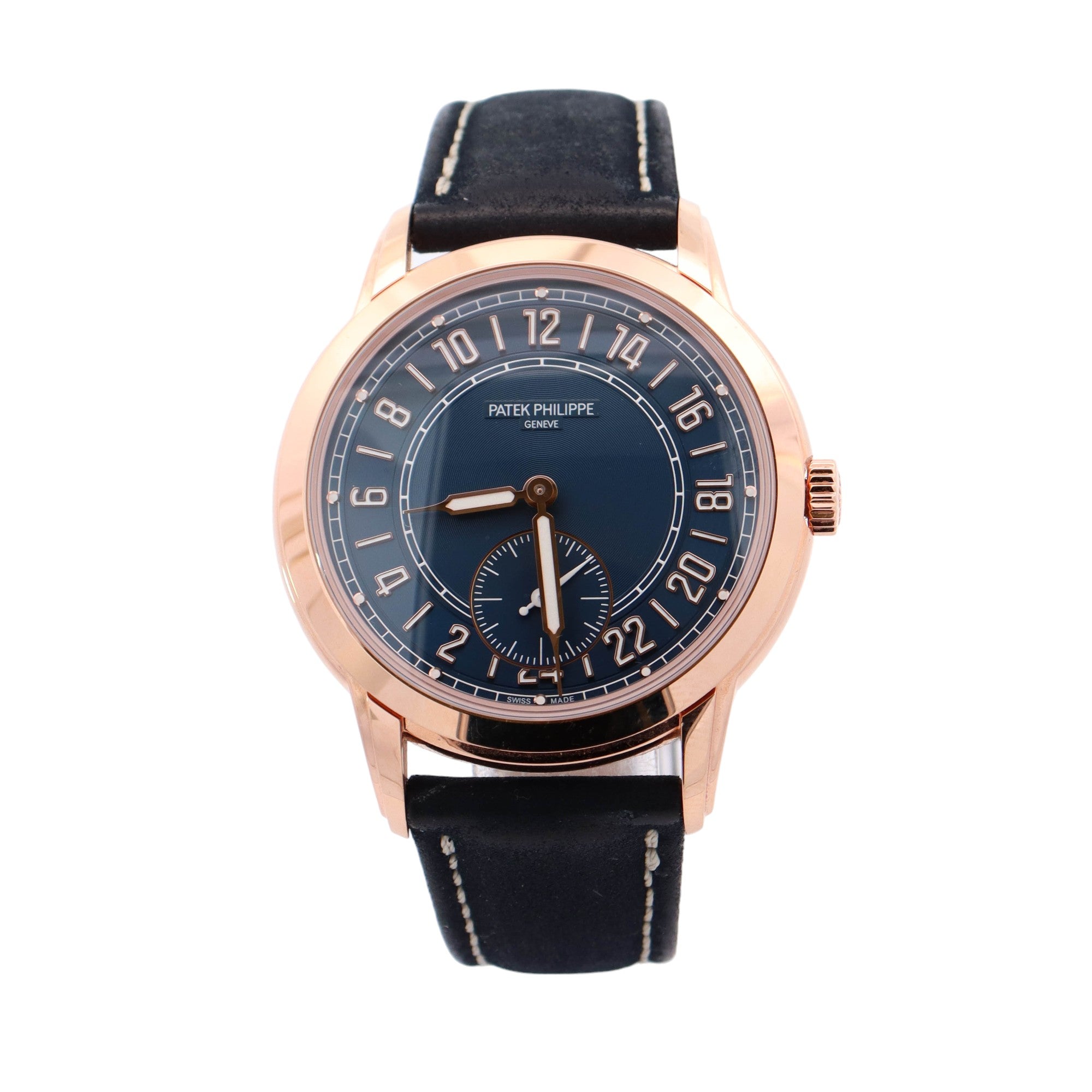 Patek Philippe Complications Rose Gold 42mm Blue Arabic & Stick Dial Watch Reference #: 5224R-001 - Happy Jewelers Fine Jewelry Lifetime Warranty