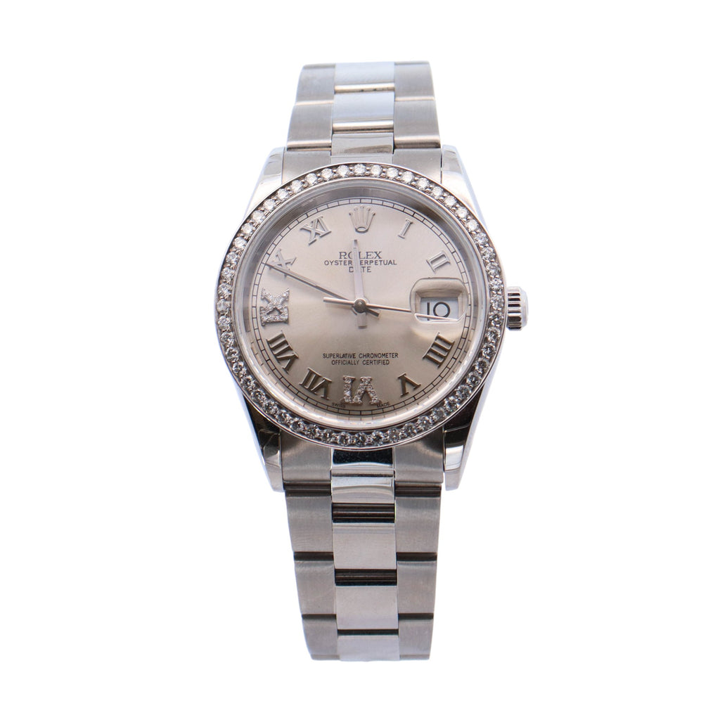 Rolex Oyster Perpetual Stainless Steel 34mm Custom Silver Roman Diamond Dial Watch Reference #: 15210 - Happy Jewelers Fine Jewelry Lifetime Warranty