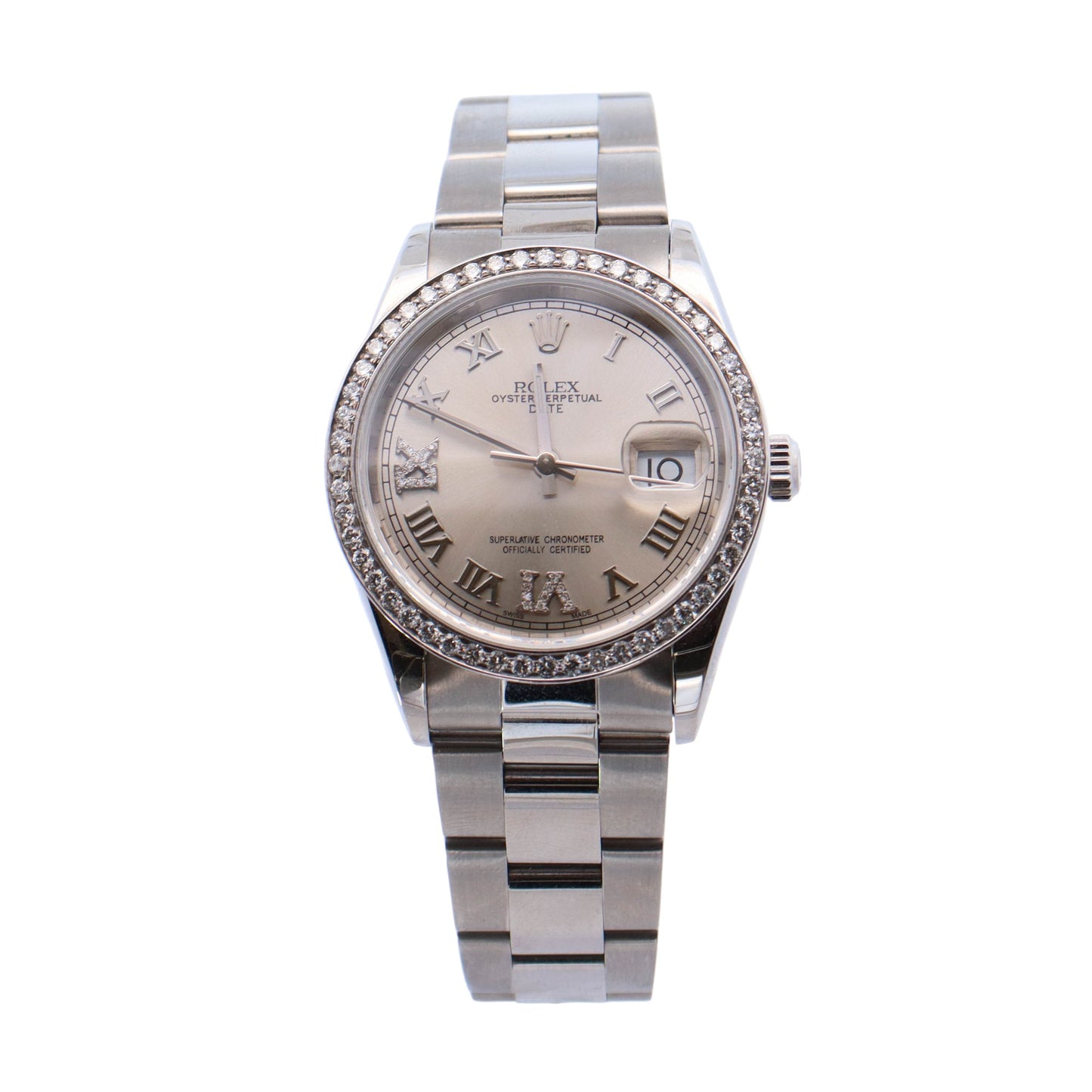 Rolex Oyster Perpetual Stainless Steel 34mm Custom Silver Roman Diamond Dial Watch Reference #: 15210
