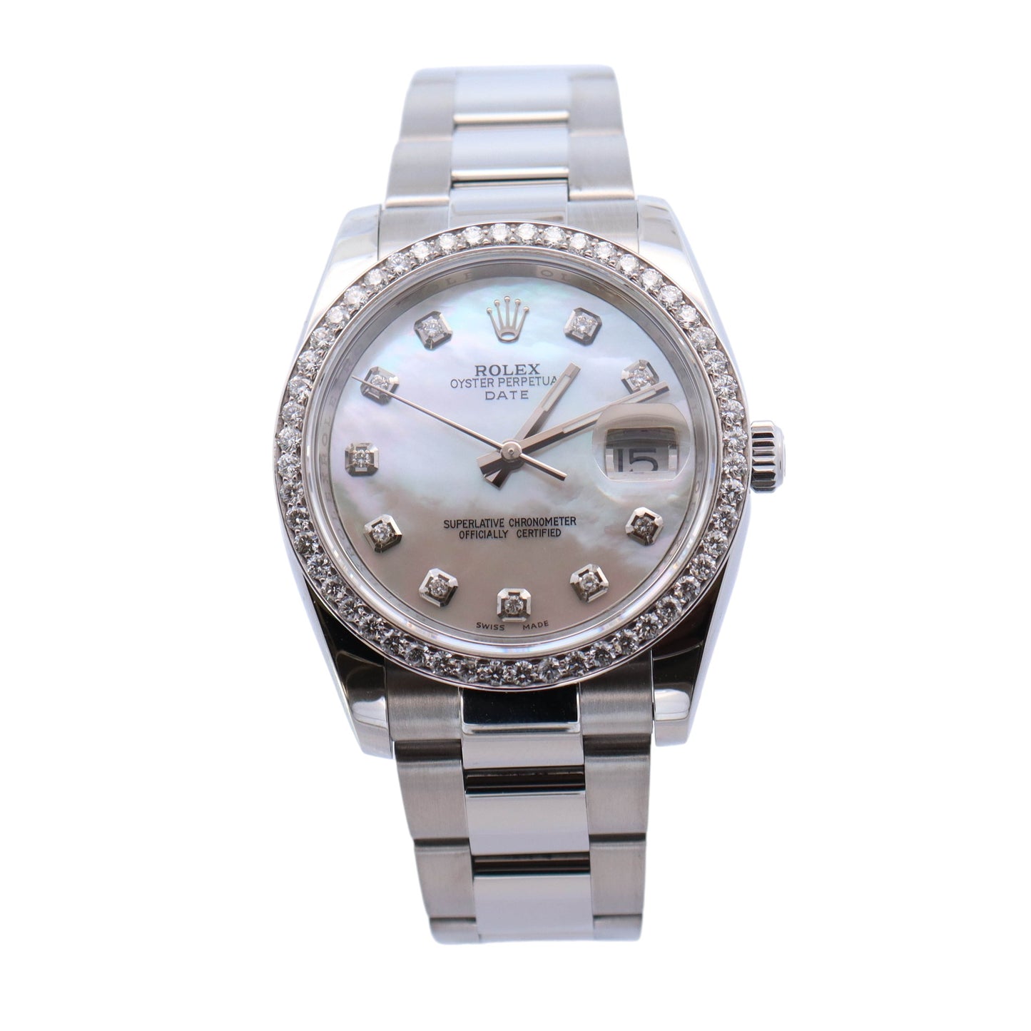 Rolex Oyster Perpetual Date 34mm Stainless Steel Custom White MOP Diamond Dial Watch  Reference #: 115200 - Happy Jewelers Fine Jewelry Lifetime Warranty