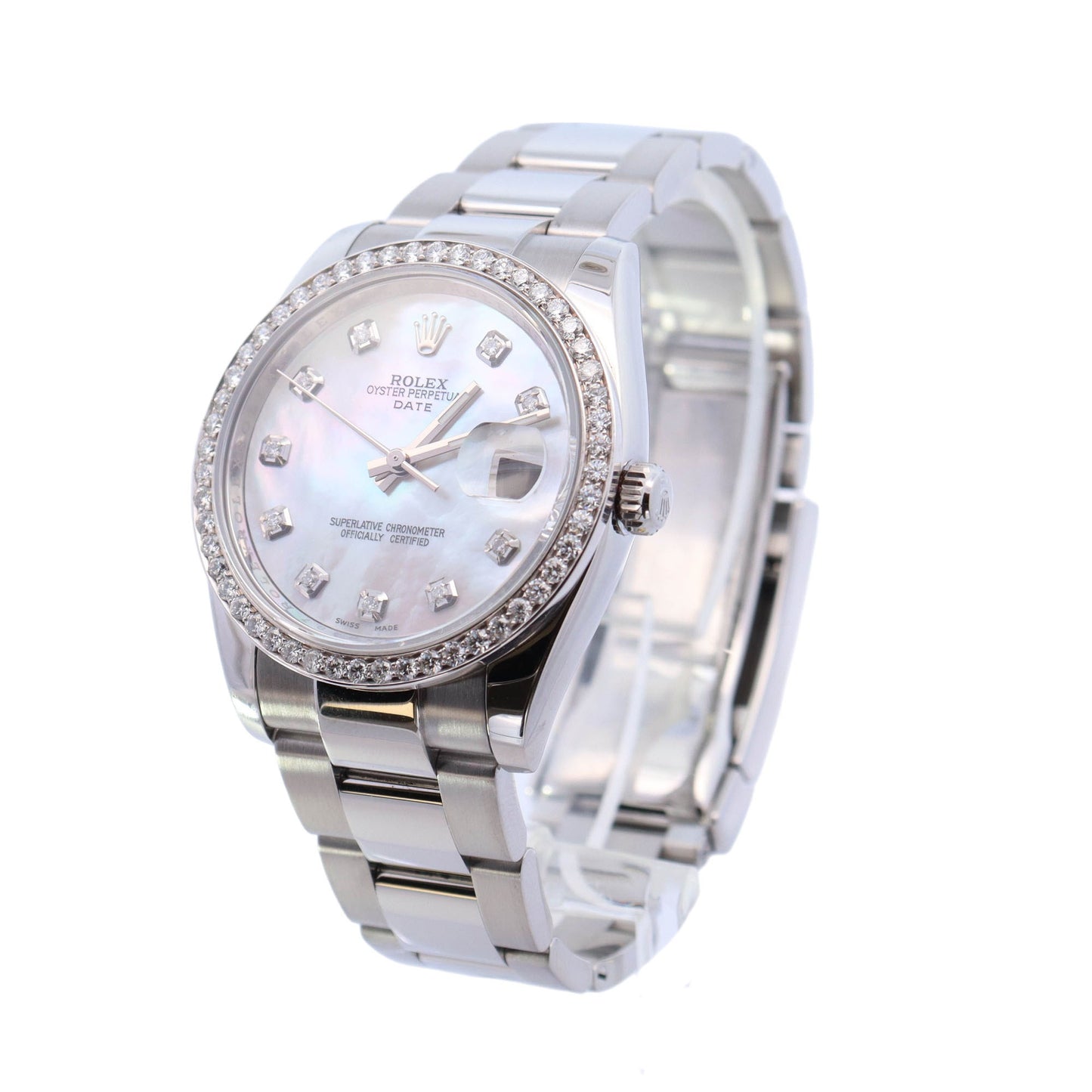 Rolex Oyster Perpetual Date 34mm Stainless Steel Custom White MOP Diamond Dial Watch  Reference #: 115200 - Happy Jewelers Fine Jewelry Lifetime Warranty