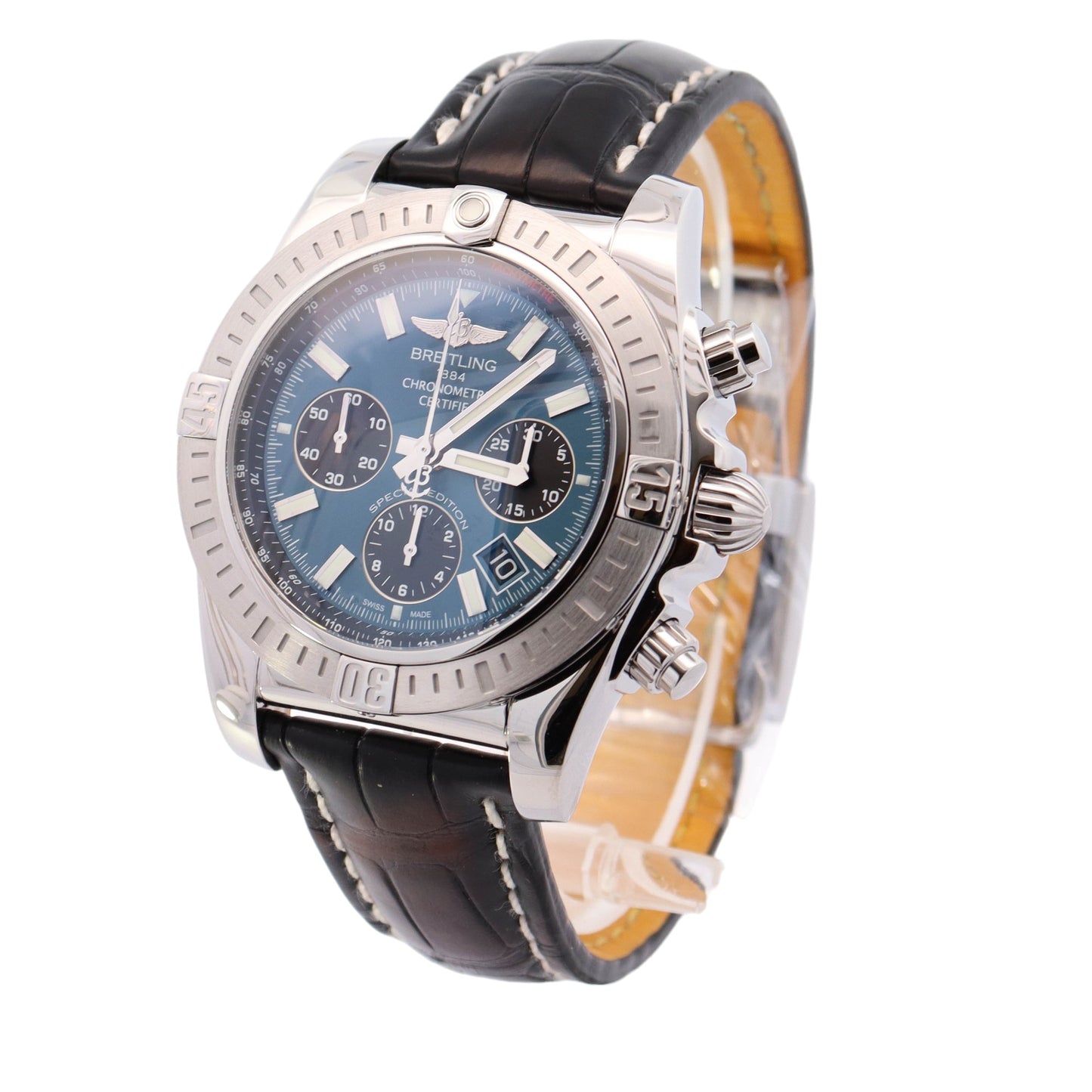 Breitling Chronomat Stainless Steel 44mm Blue Chronbograph Dial Watch Ref# AB0115 - Happy Jewelers Fine Jewelry Lifetime Warranty