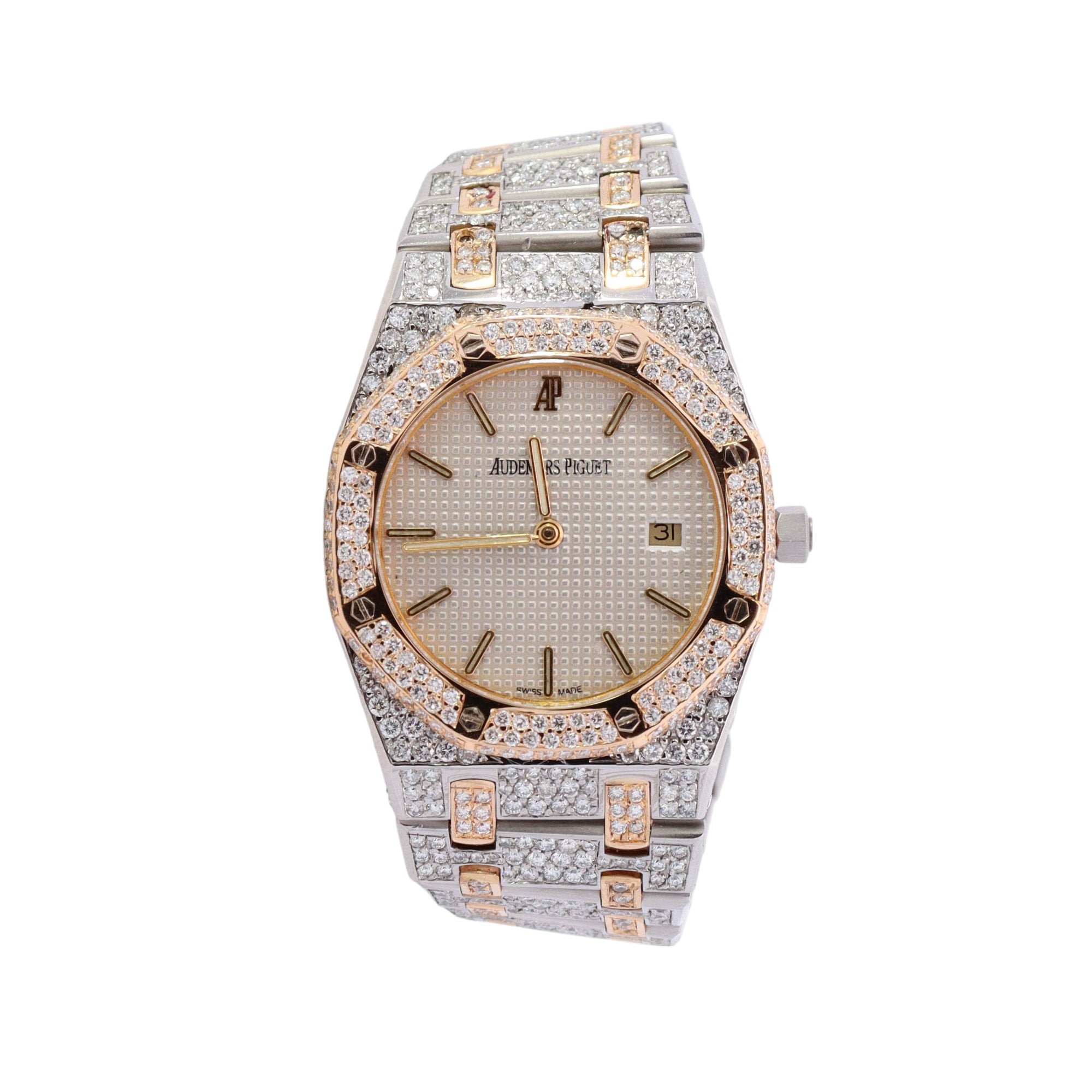 Audemars Piguet Royal Oak Two Tone 33mm Custom Iced Out White Stick Dial Watch Ref#  563036SA - Happy Jewelers Fine Jewelry Lifetime Warranty