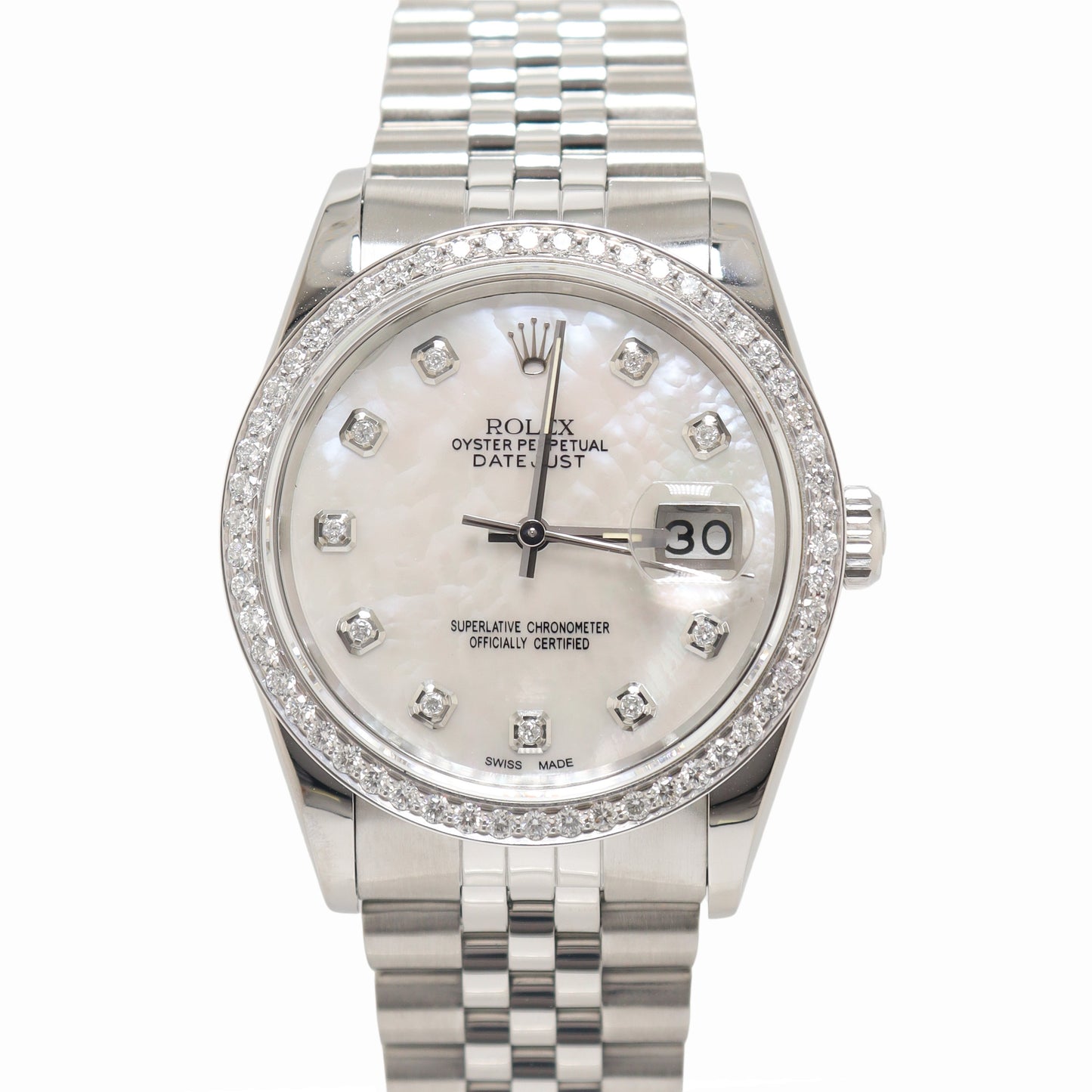 Rolex Datejust Stainless Steel 36mm White MOP Diamond Dial Watch Reference #: 16234 - Happy Jewelers Fine Jewelry Lifetime Warranty