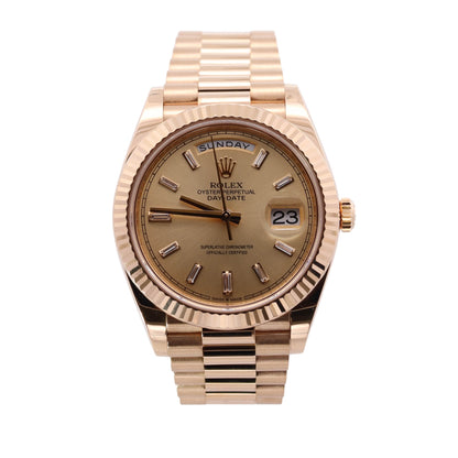 Rolex Day-Date Yellow Gold 40mm Aftermarket Champagne Diamond Baguette Dial Watch Reference #: 228238 - Happy Jewelers Fine Jewelry Lifetime Warranty