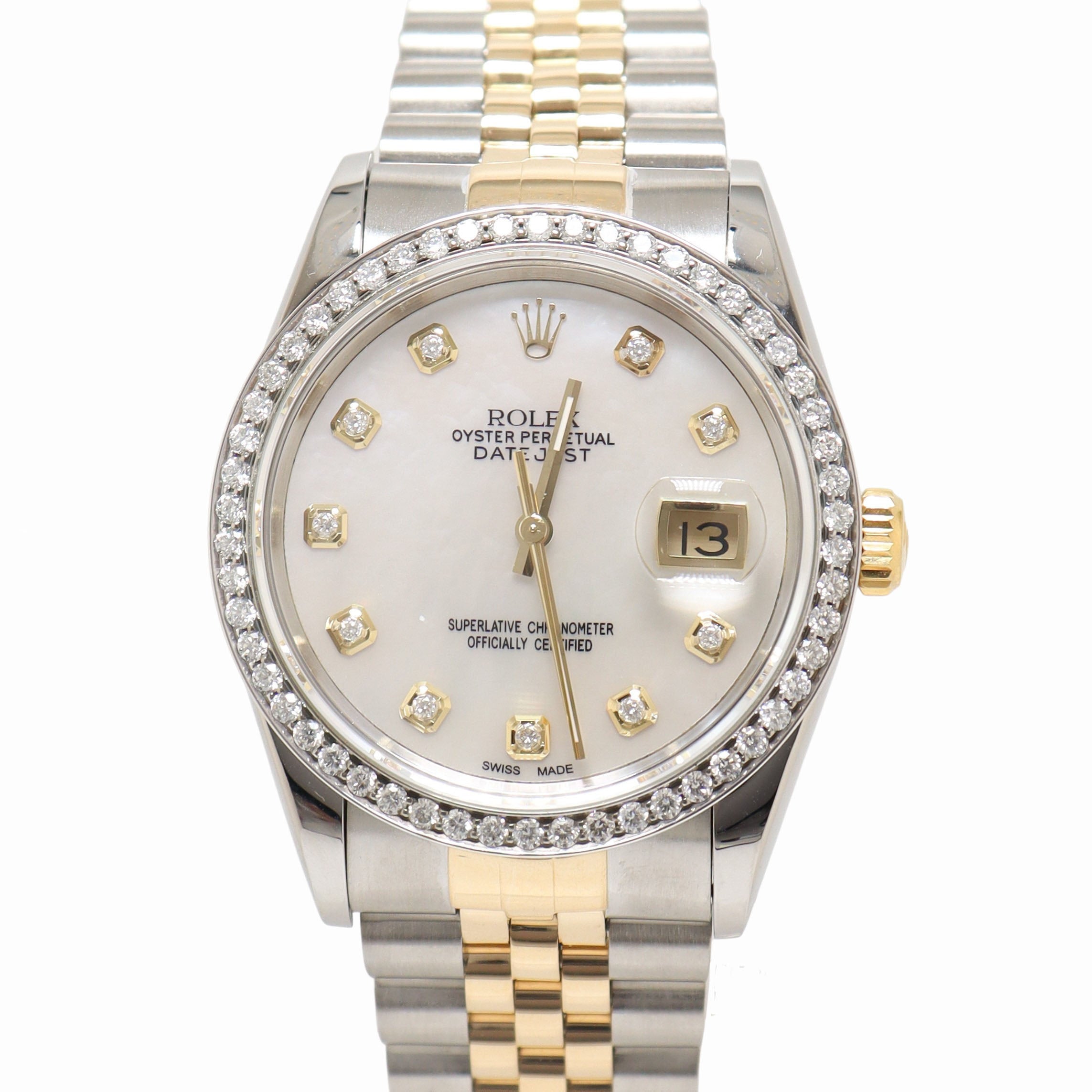 Rolex Datejust 36mm Yellow Gold & Stainless Steel Custom White MOP Diamond Dial Watch Reference# 16253 - Happy Jewelers Fine Jewelry Lifetime Warranty