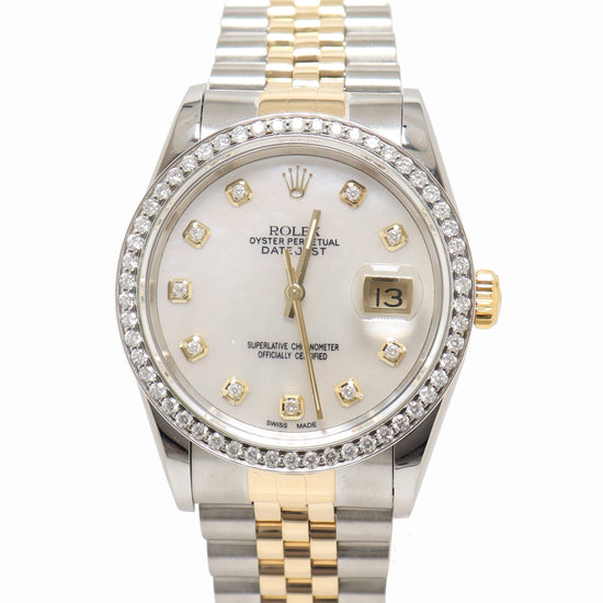 Rolex Datejust Two Tone Yellow Gold & Steel 36mm Custom White MOP Diamond Dial Watch Reference #16233 - Happy Jewelers Fine Jewelry Lifetime Warranty