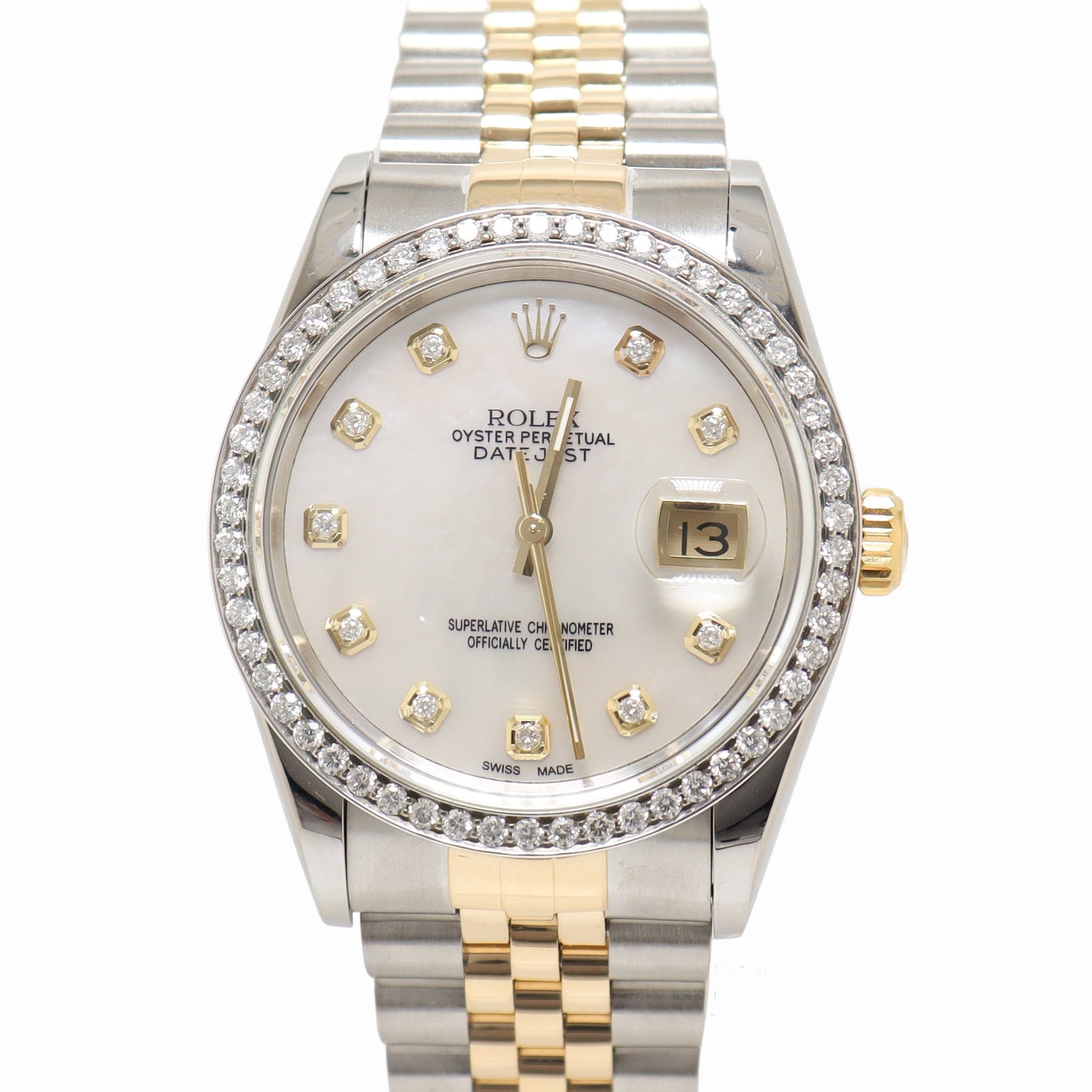 Rolex Datejust Two Tone Yellow Gold & Steel 36mm Custom White MOP Diamond Dial Watch Reference#: 16233 - Happy Jewelers Fine Jewelry Lifetime Warranty