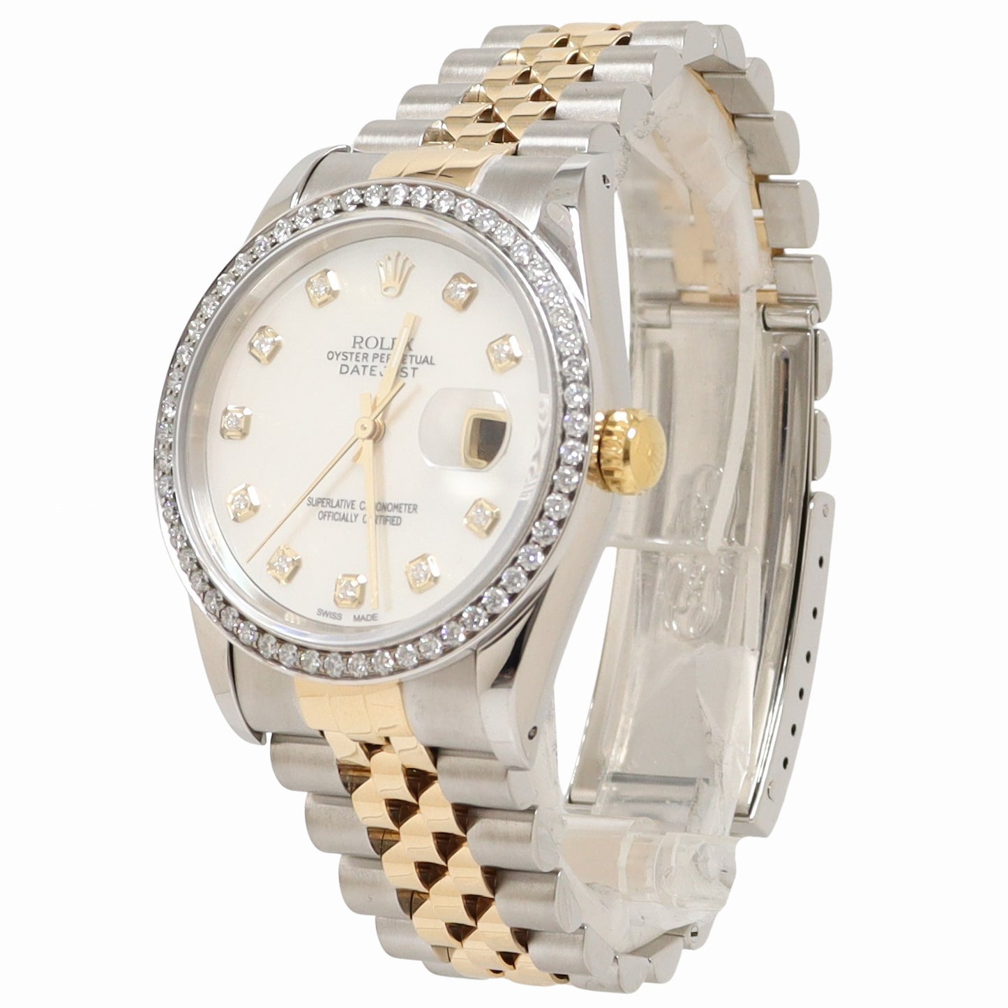 Rolex Datejust 36mm Yellow Gold & Steel Custom White MOP Diamond Dial Watch Reference#: 16233 - Happy Jewelers Fine Jewelry Lifetime Warranty