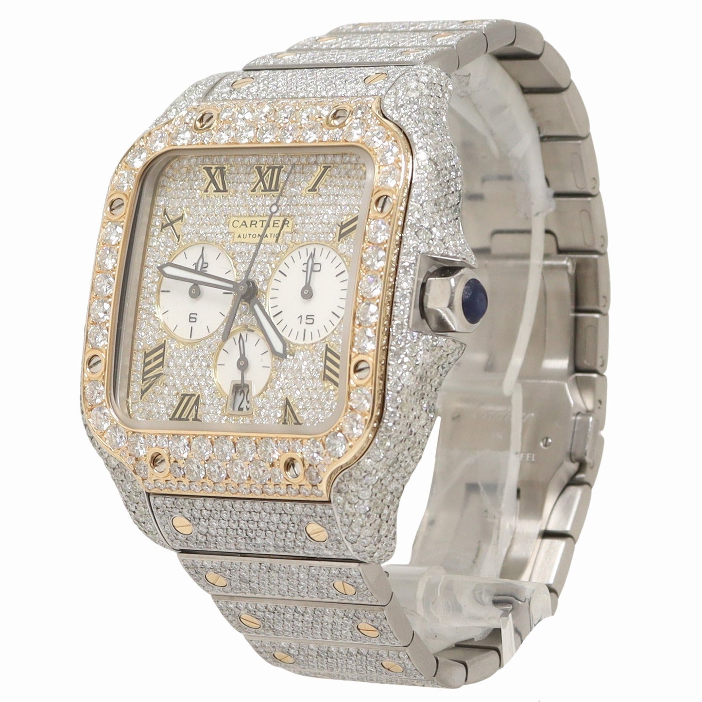 Cartier Santos 44m ICED OUT Yellow Gold Stainless Steel Silver Roman Happy Jewelers