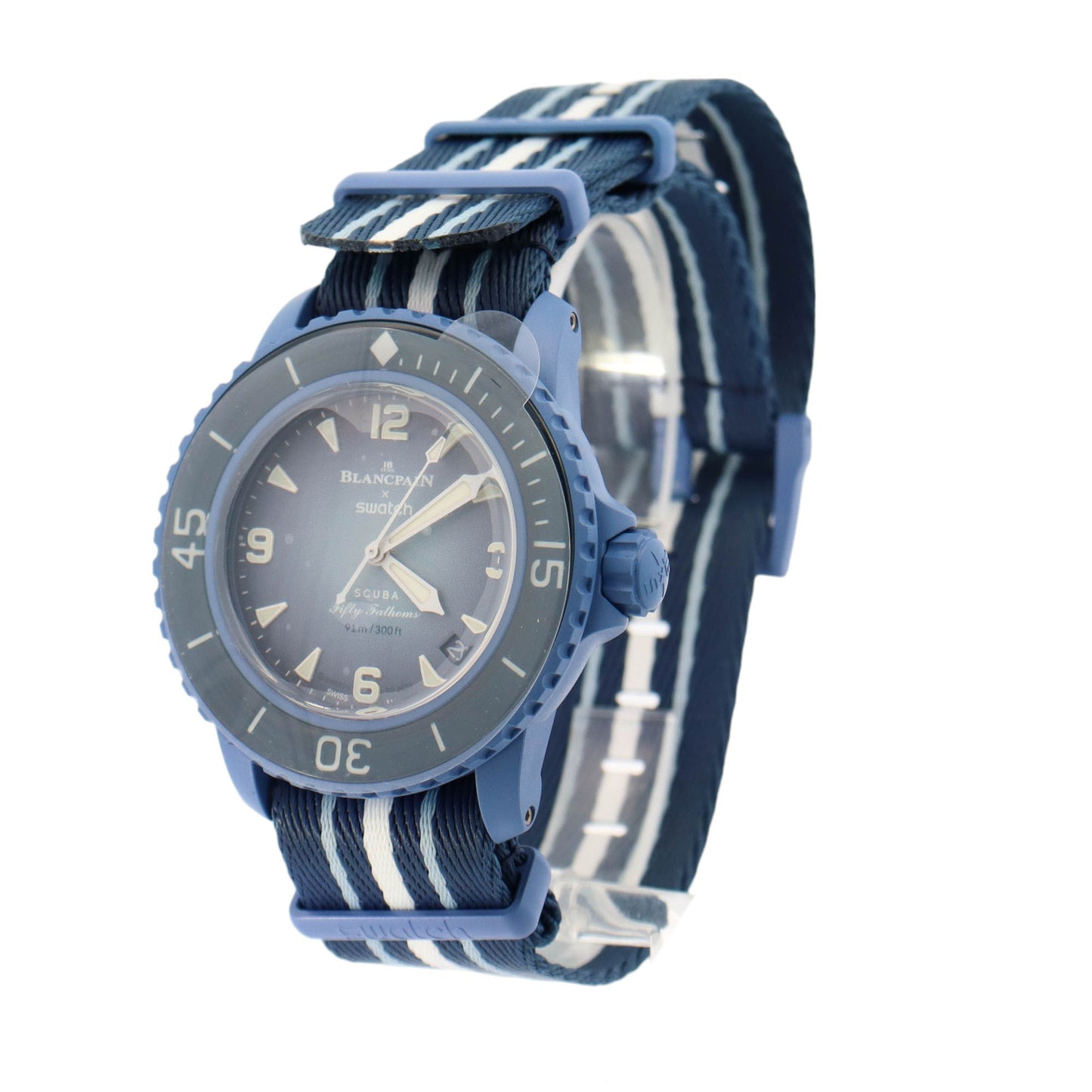 Swatch x Blancpain Blue Bioceramic 42mm Blue Arabic & Stick Dial Watch Reference #: SO35A100 - Happy Jewelers Fine Jewelry Lifetime Warranty