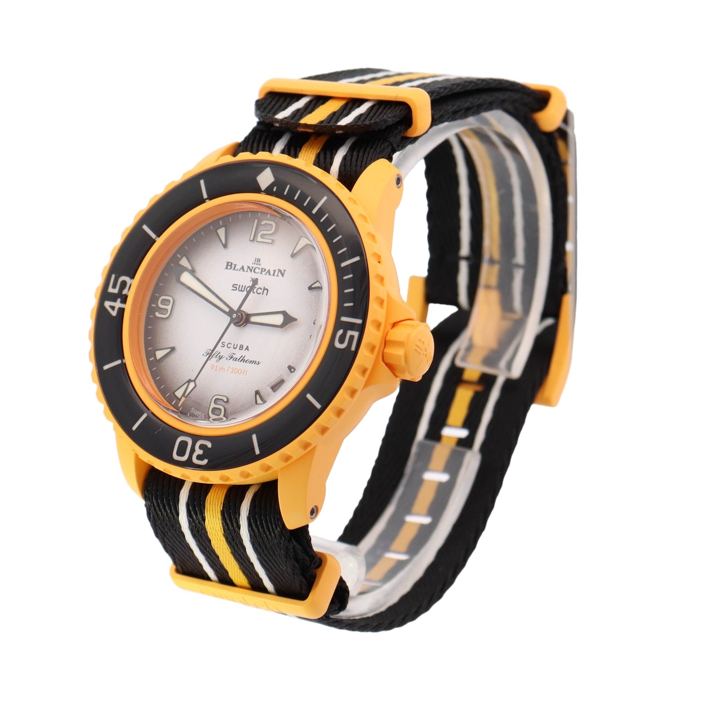 Swatch x Blancpain Yellow Bioceramic 42mm White Arabic & Stick Dial Watch - Happy Jewelers Fine Jewelry Lifetime Warranty