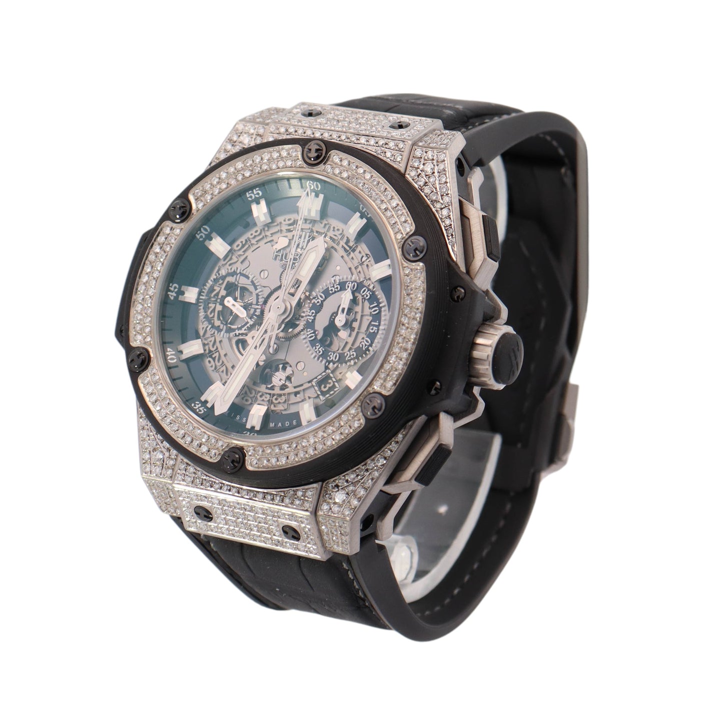 Hublot King Power Unico Titanium "Iced Out" 48mm Skeleton Dial Watch Reference #: 701.NX.0170.RX - Happy Jewelers Fine Jewelry Lifetime Warranty