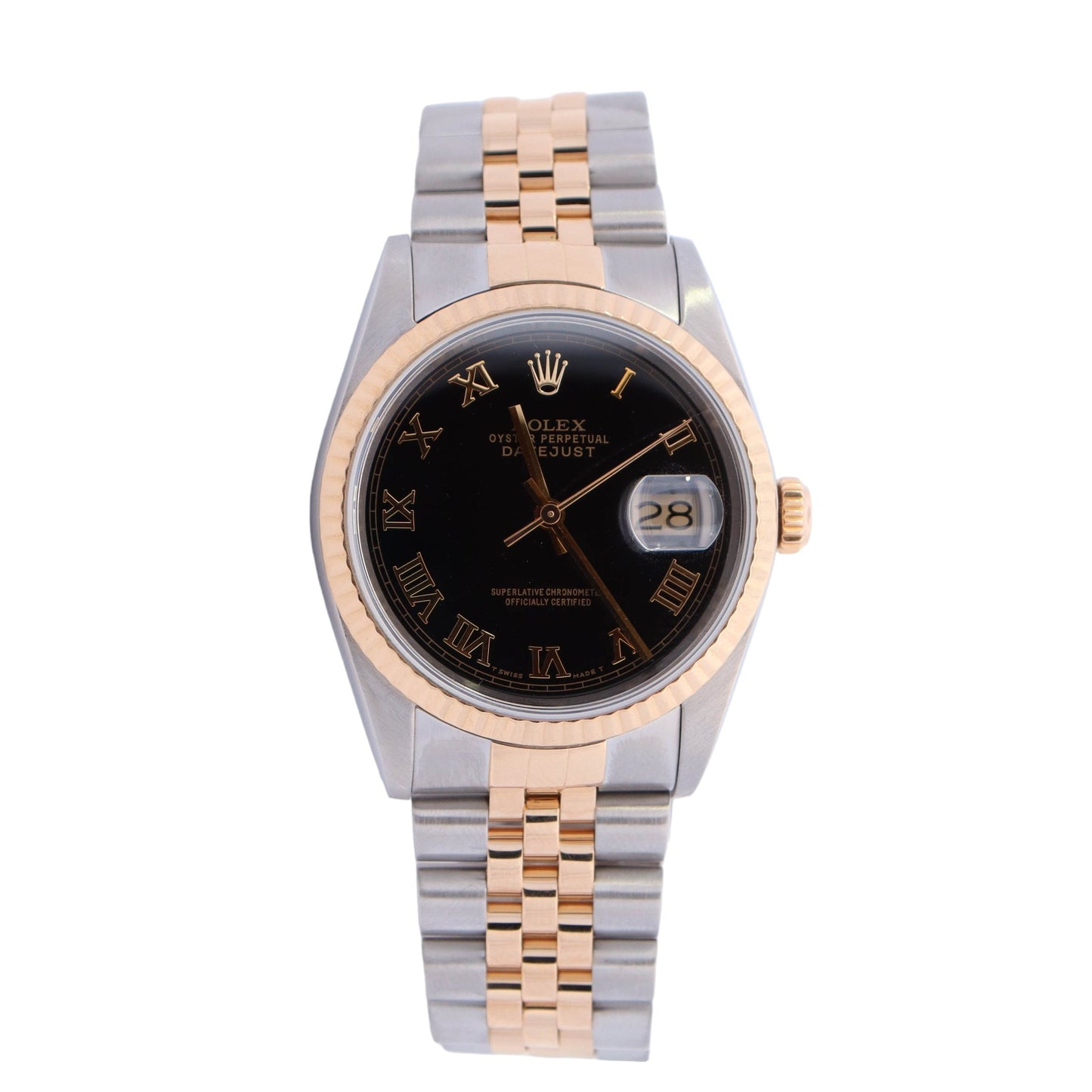 Rolex Datejust Two Tone Yellow Gold & Steel Black Roman Dial Watch Reference #: 16233 - Happy Jewelers Fine Jewelry Lifetime Warranty