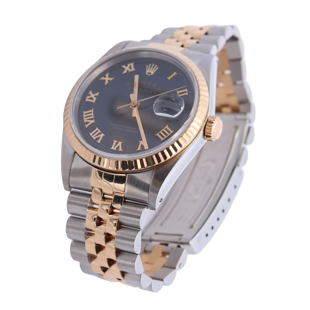 Rolex Datejust Two Tone Yellow Gold & Steel Black Roman Dial Watch Reference #: 16233 - Happy Jewelers Fine Jewelry Lifetime Warranty
