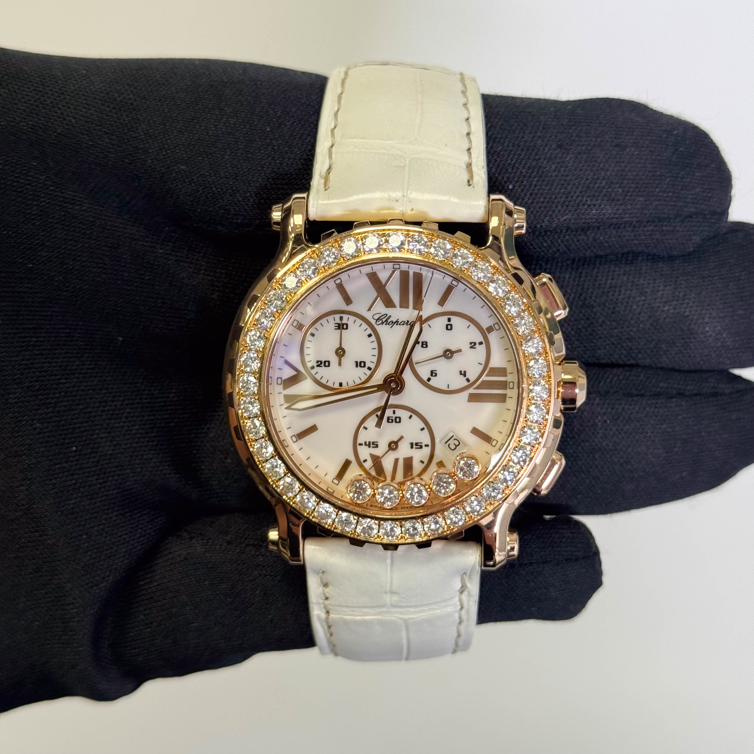 Chopard Happy Sport 42mm Rose Gold White Roman Stick Chronograph Dial Watch Ref# 288515-9002 - Happy Jewelers Fine Jewelry Lifetime Warranty