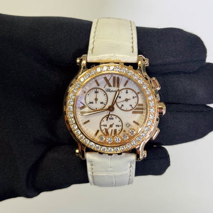 Chopard Happy Sport 42mm Rose Gold White Roman Stick Chronograph Dial Watch Ref# 288515-9002 - Happy Jewelers Fine Jewelry Lifetime Warranty