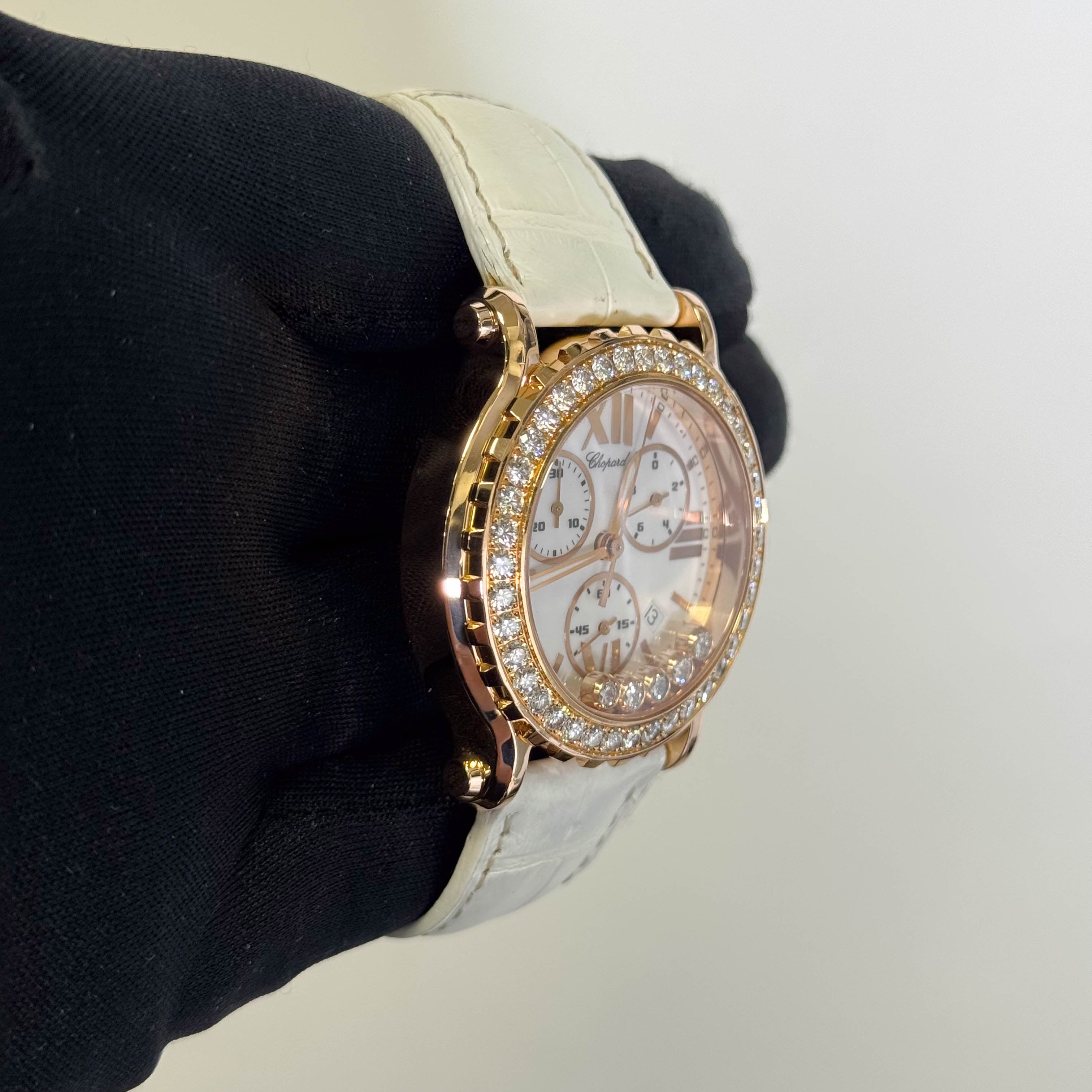 Chopard Happy Sport 42mm Rose Gold White Roman Stick Chronograph Dial Watch Ref# 288515-9002 - Happy Jewelers Fine Jewelry Lifetime Warranty