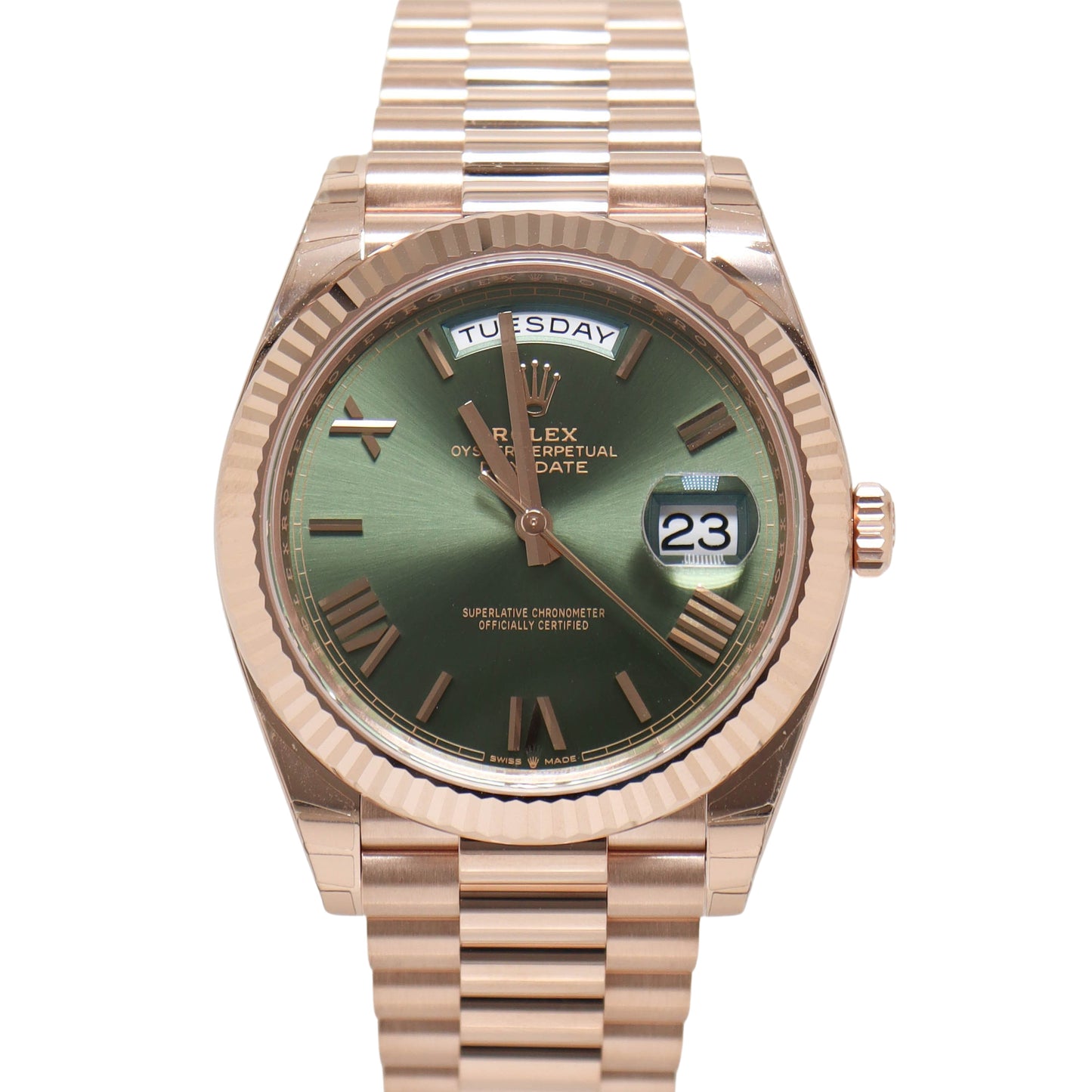 Load image into Gallery viewer, Rolex Day Date 40mm Rose Gold Olive Roman Dial Watch Reference#: 228235 - Happy Jewelers Fine Jewelry Lifetime Warranty
