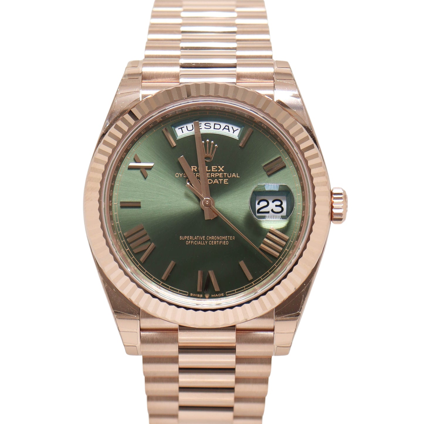 Rolex Day Date Rose Gold 40mm Olive Roman Dial Watch Reference#: 228235 - Happy Jewelers Fine Jewelry Lifetime Warranty