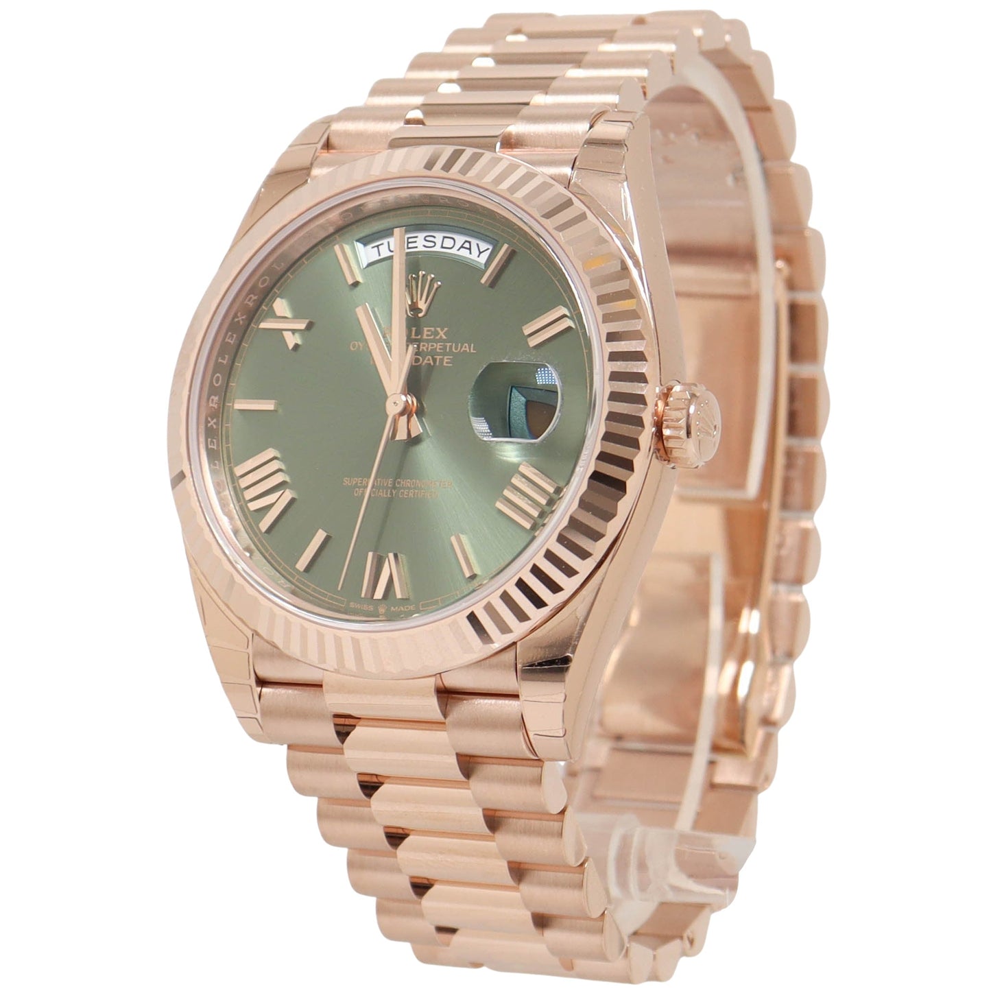 Rolex Day Date Rose Gold 40mm Olive Roman Dial Watch Reference#: 228235 - Happy Jewelers Fine Jewelry Lifetime Warranty