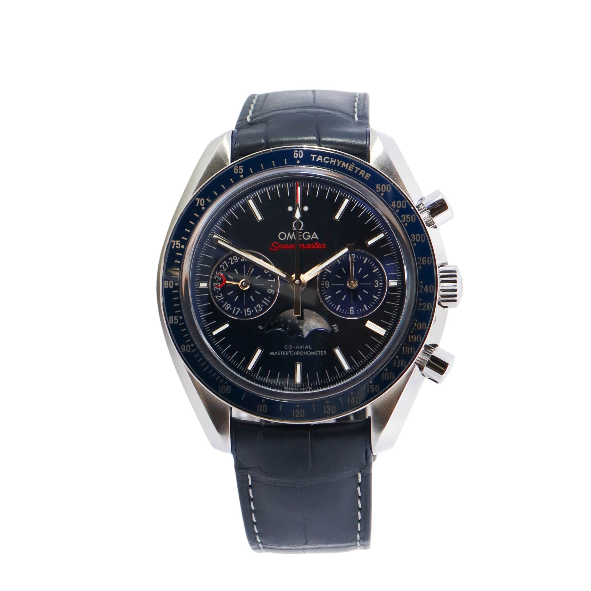 Omega Speedmaster Moonphase Stainless Steel 44mm Blue Chronograph Stick Dial Watch Reference #: 304.33.44.52.03.001 - Happy Jewelers Fine Jewelry Lifetime Warranty