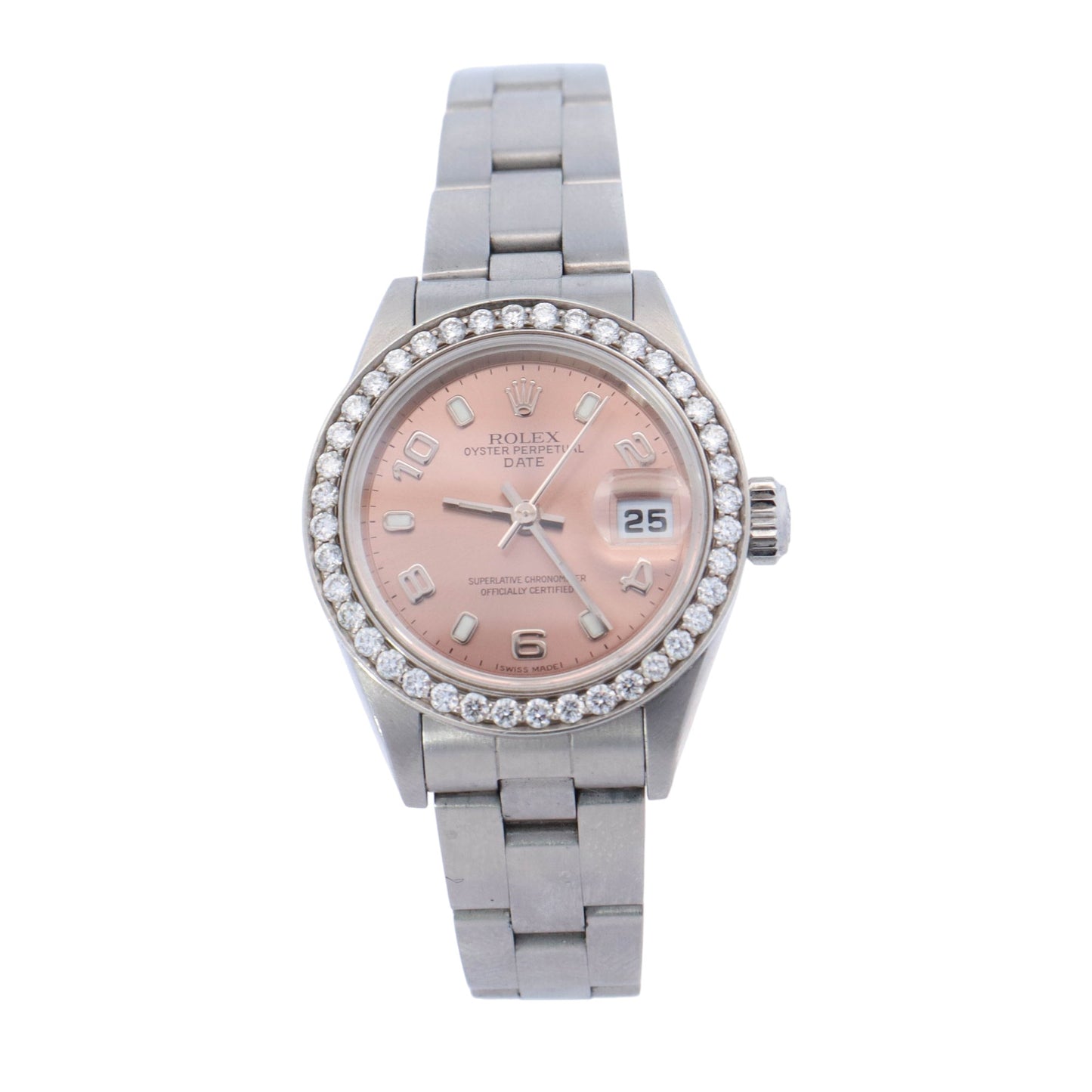 Rolex Oyster Perpetual Date Stainless Steel 26mm Salmon Arabic and Stick Dial Watch Reference #: 79190 - Happy Jewelers Fine Jewelry Lifetime Warranty