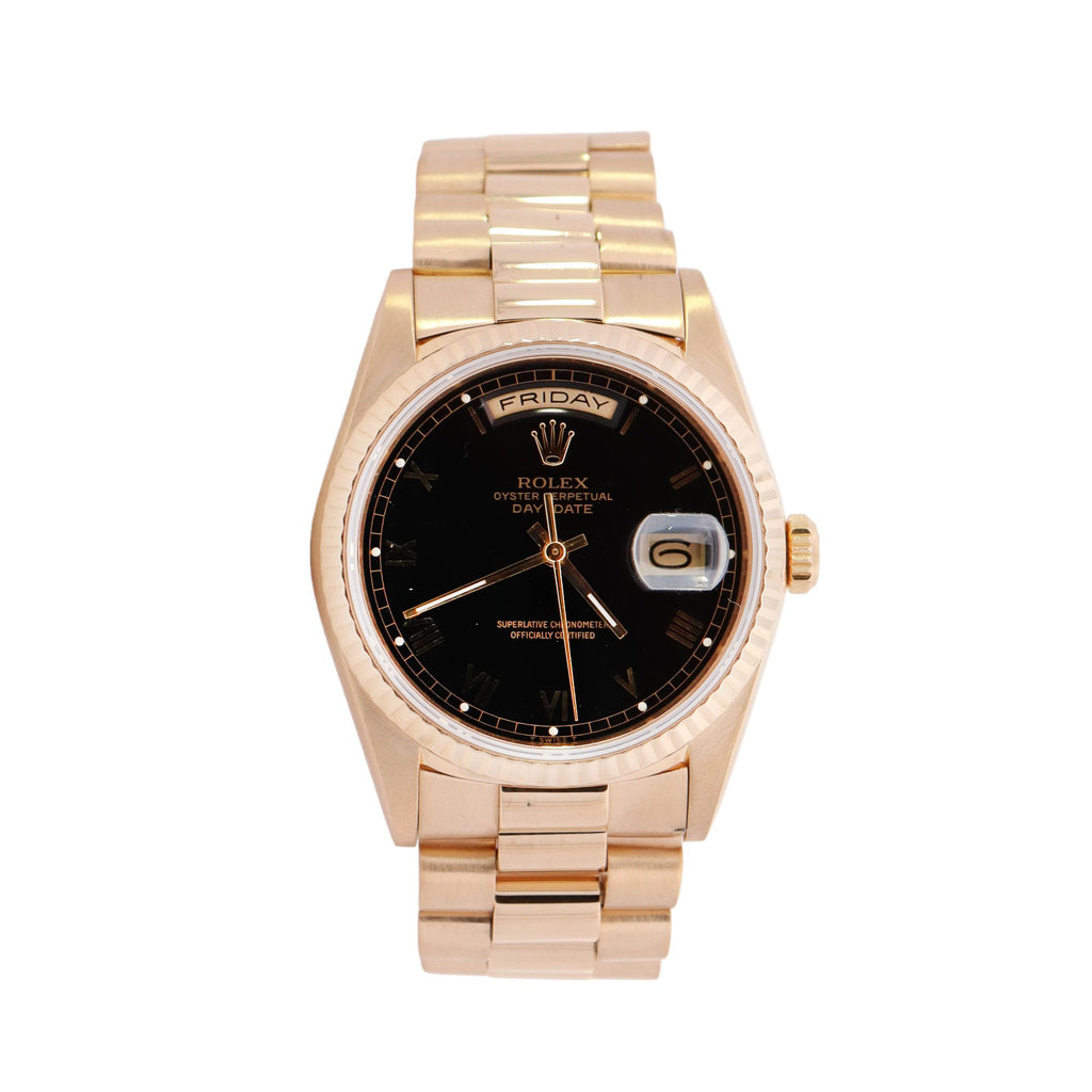 Rolex Day Date Yellow Gold 36mm Black Roman Dial Watch Reference #: 18238 - Happy Jewelers Fine Jewelry Lifetime Warranty