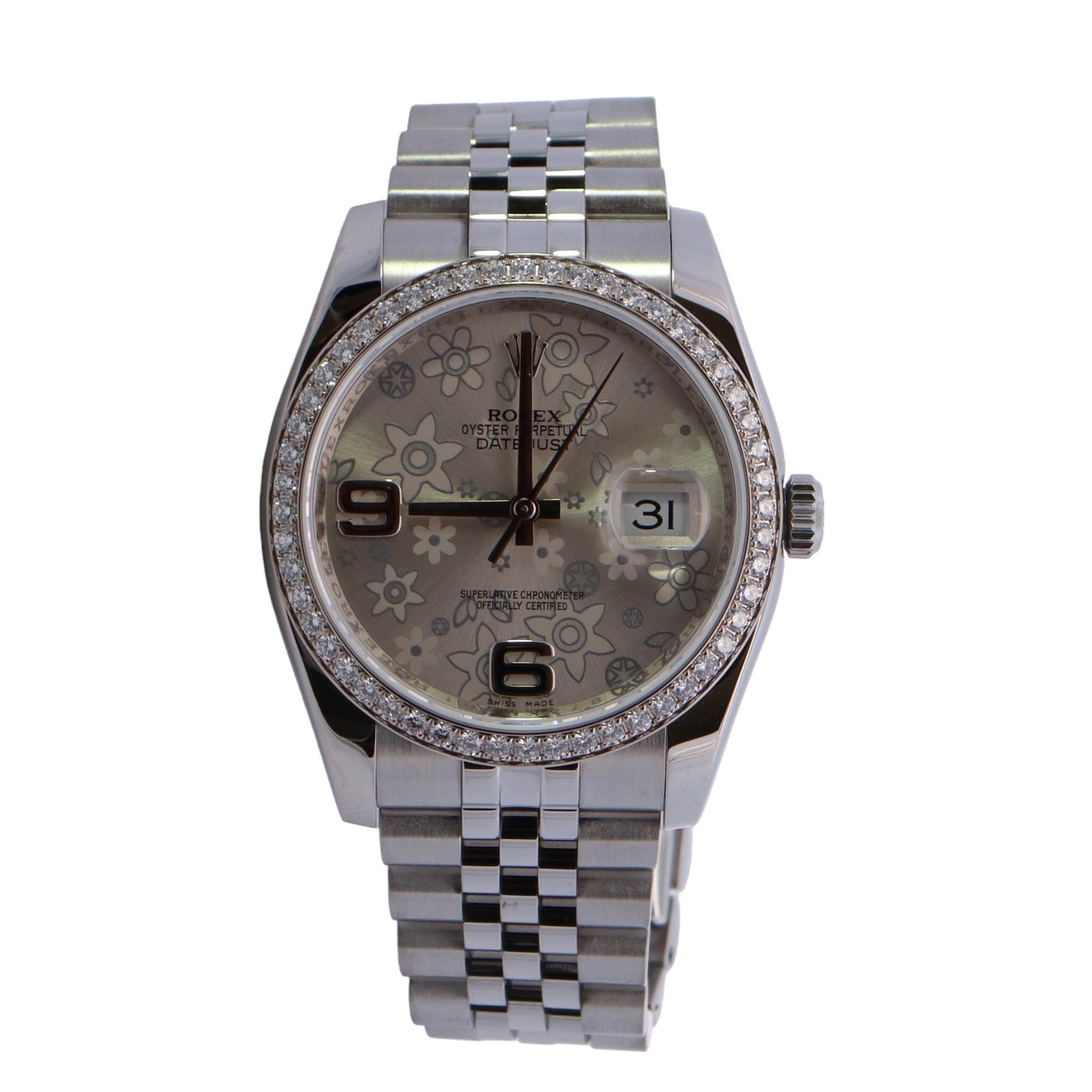 Rolex Datejust Stainless Steel 36mm Flower Arabic Dial Watch Reference# 116244 - Happy Jewelers Fine Jewelry Lifetime Warranty