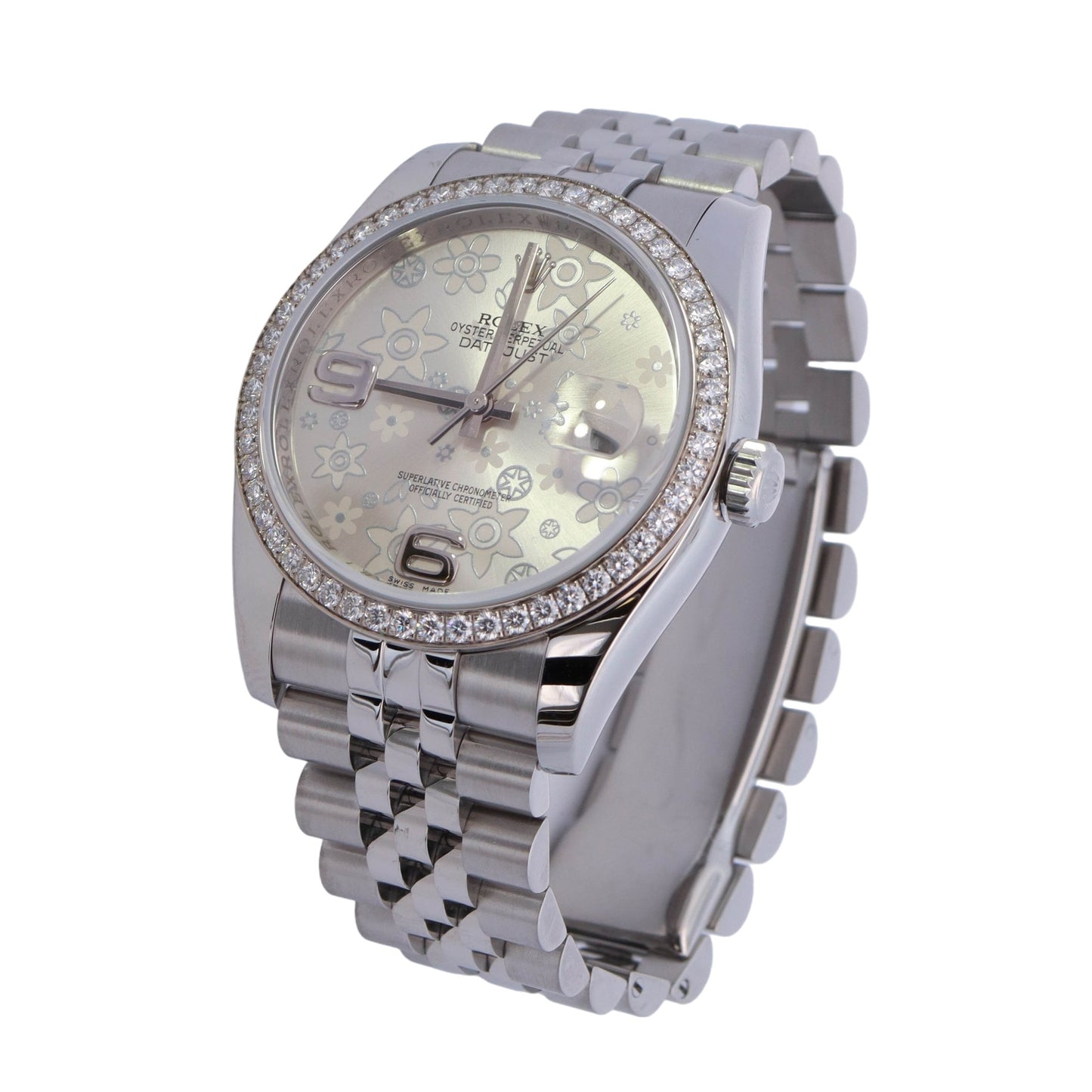 Rolex Datejust Stainless Steel 36mm Flower Arabic Dial Watch Reference# 116244 - Happy Jewelers Fine Jewelry Lifetime Warranty