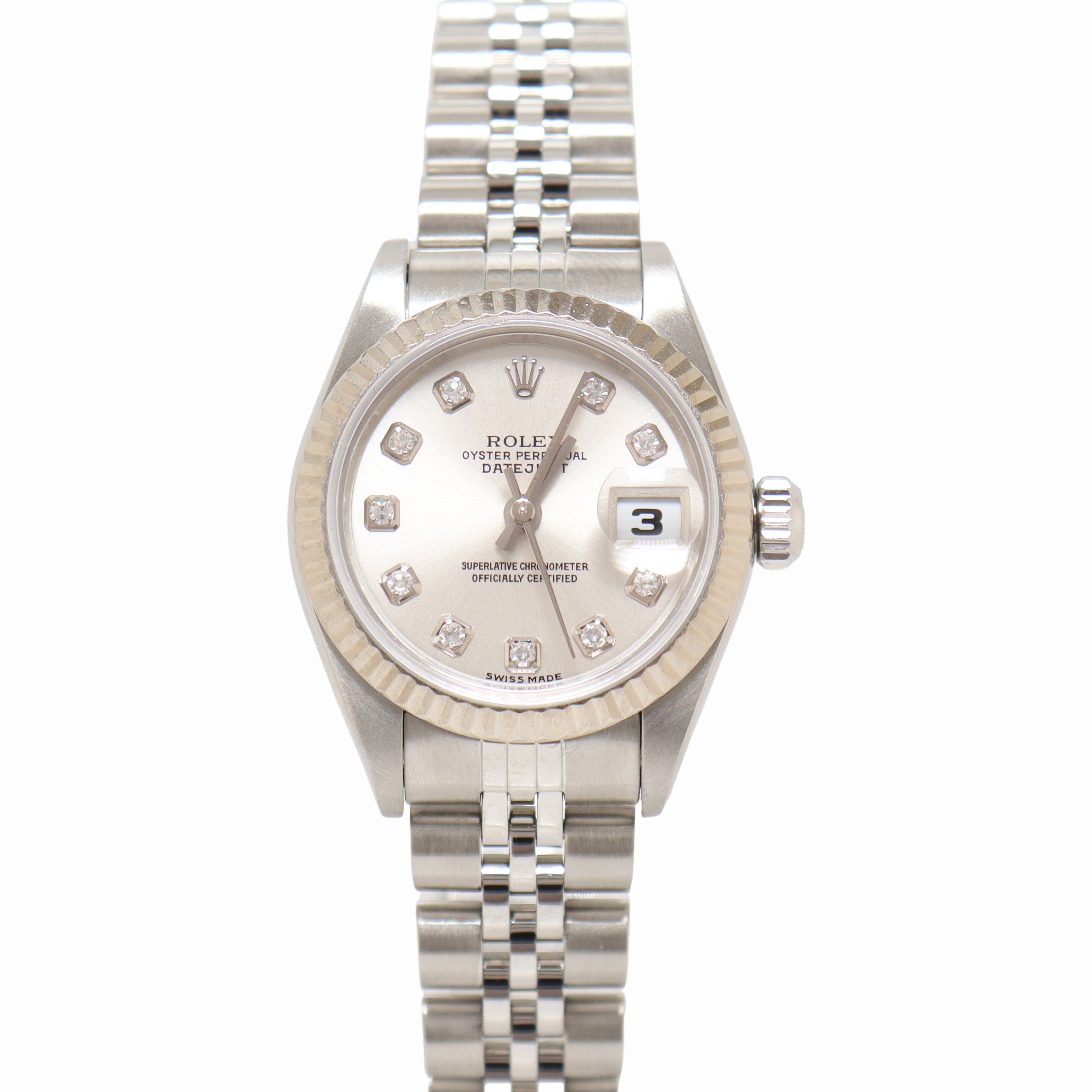 Rolex Date Stainless Steel 26mm White MOP Diamond Dial Watch | Ref#  69240 - Happy Jewelers Fine Jewelry Lifetime Warranty