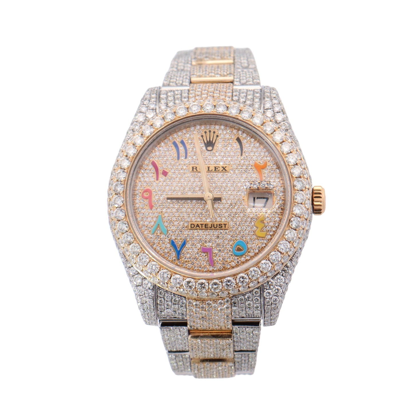 Rolex Datejust II Two-Tone Yellow Gold & Stainless Steel 41mm Custom Iced Out Pave Rainbow Arabic Dial Watch Reference #: 116333 - Happy Jewelers Fine Jewelry Lifetime Warranty