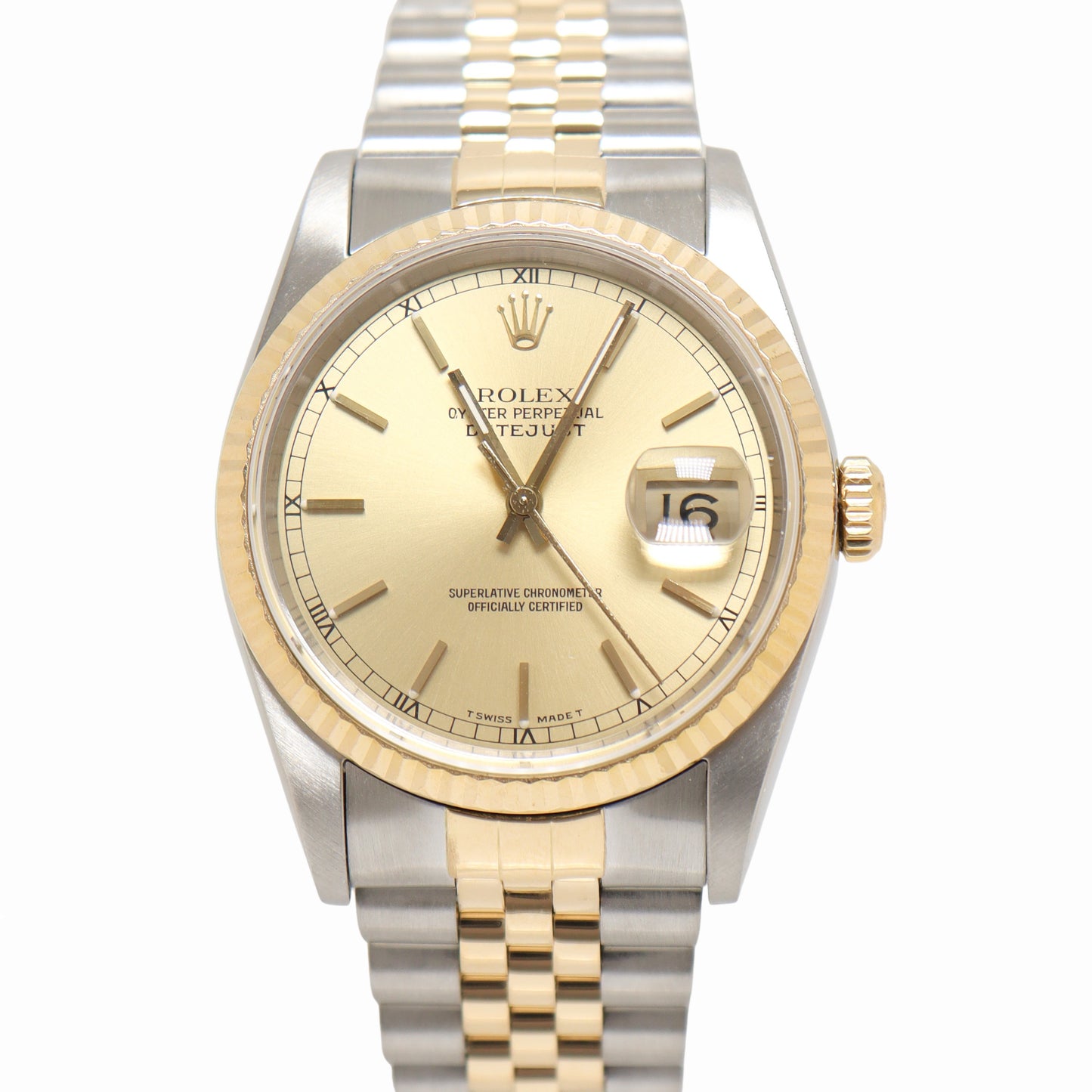 Rolex Datejust Two-Tone Stainless Steel & Yellow Gold 36mm Champagne Stick Dial Watch Reference #: 16233 - Happy Jewelers Fine Jewelry Lifetime Warranty