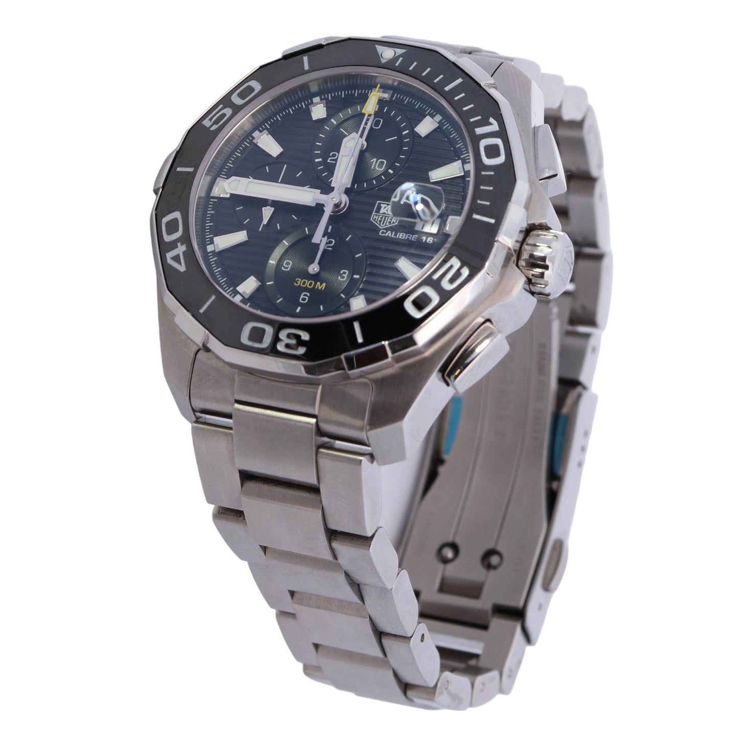 Tag Heuer Aquaracer Chronograph Stainless Steel 43mm Black Chromograph Stick Dial Watch Reference #: CAY211A
